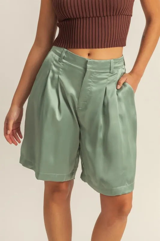 Preppy Hyfve High-Waist Pleated Satin Shorts for Women & Girls
