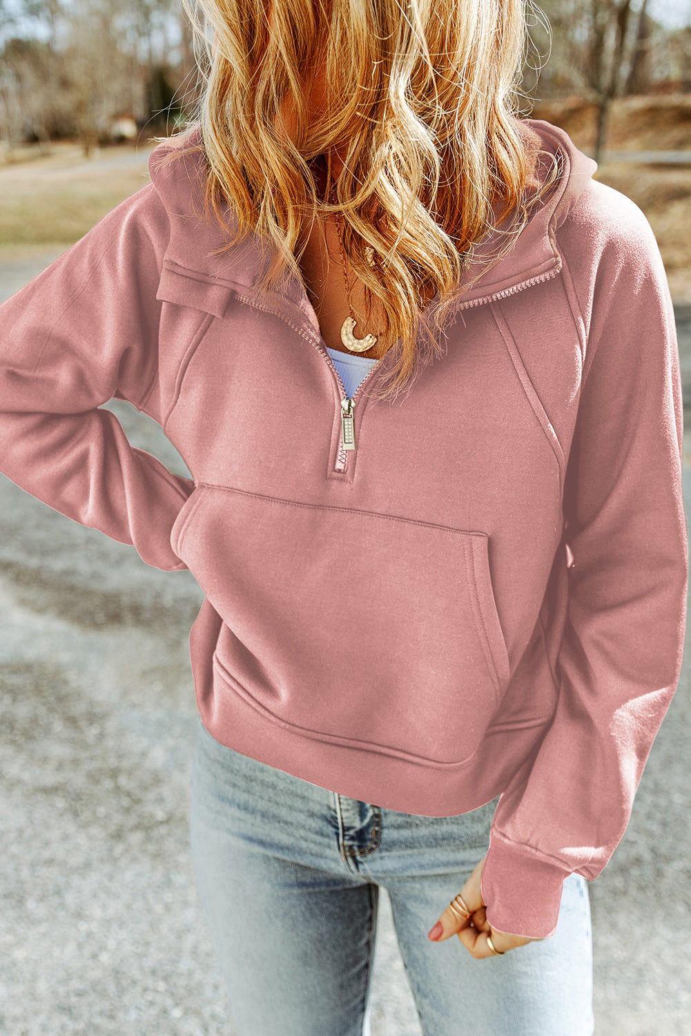 Thumbhole Sleeve Half-Zip Preppy Hoodie