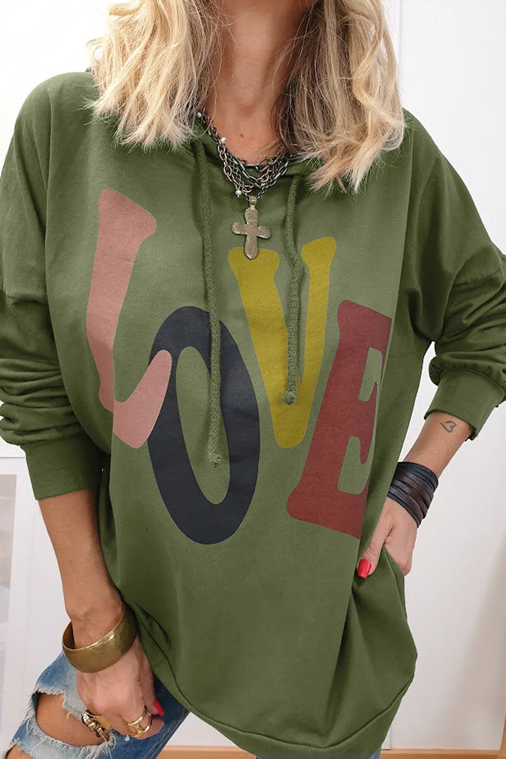 LOVE Graphic Dropped Shoulder Preppy Hoodie