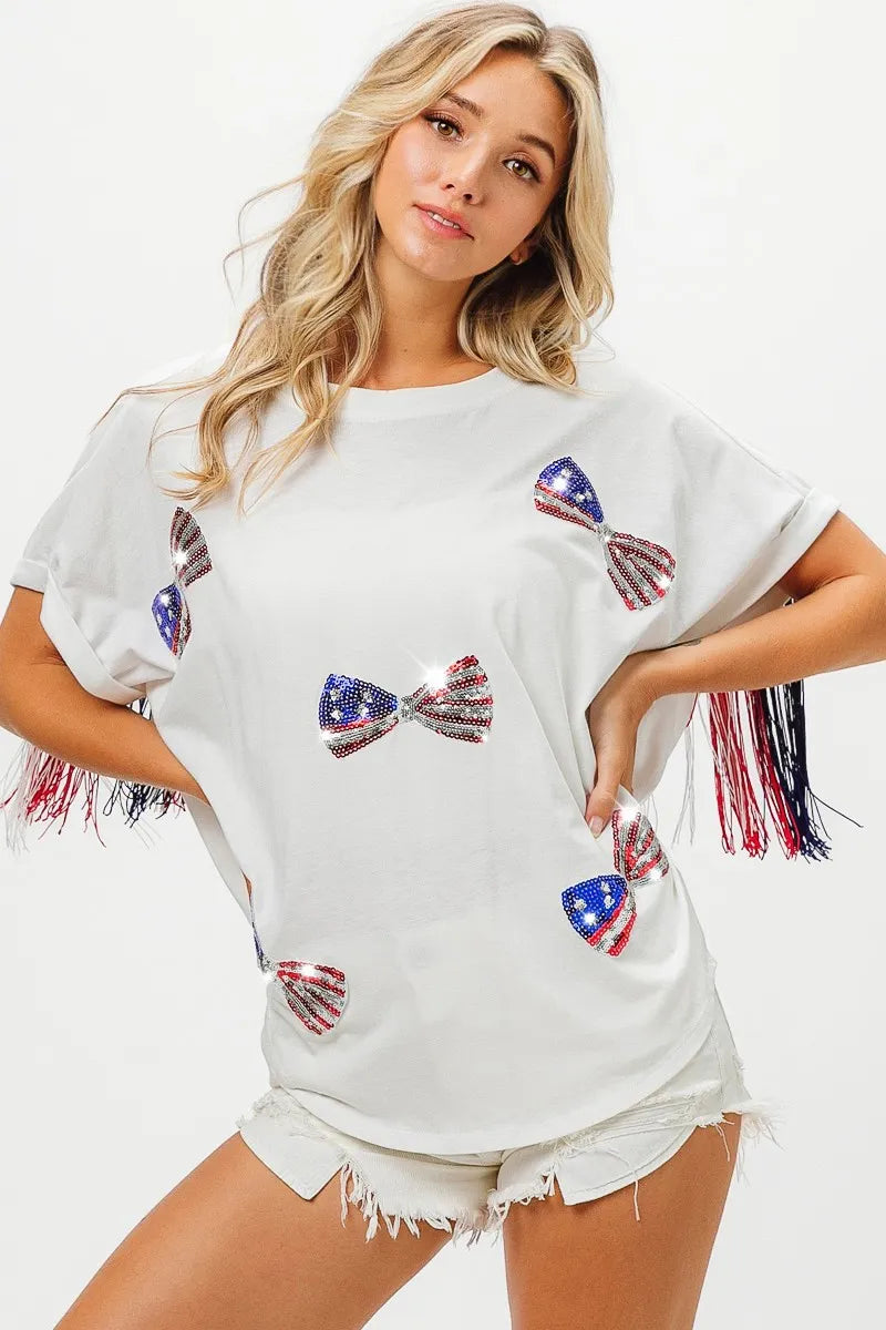 Preppy American Flag Ribbon Sequin T-Shirt by BiBi