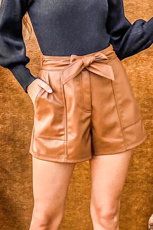 And The Why Faux Leather Shorts with Waist Ribbon