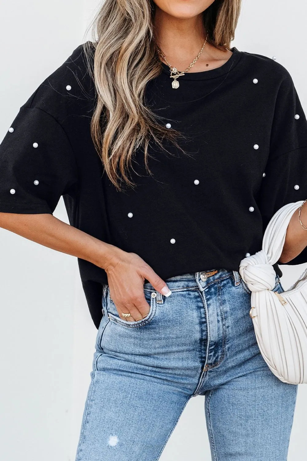 Preppy Pearl Beaded Round Neck Half Sleeve Tee