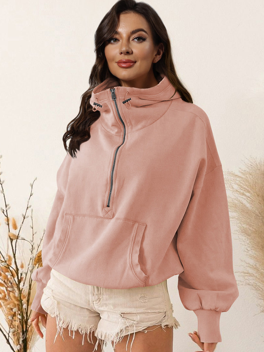 Zip-Up Preppy Hoodie – Dropped Shoulder Style