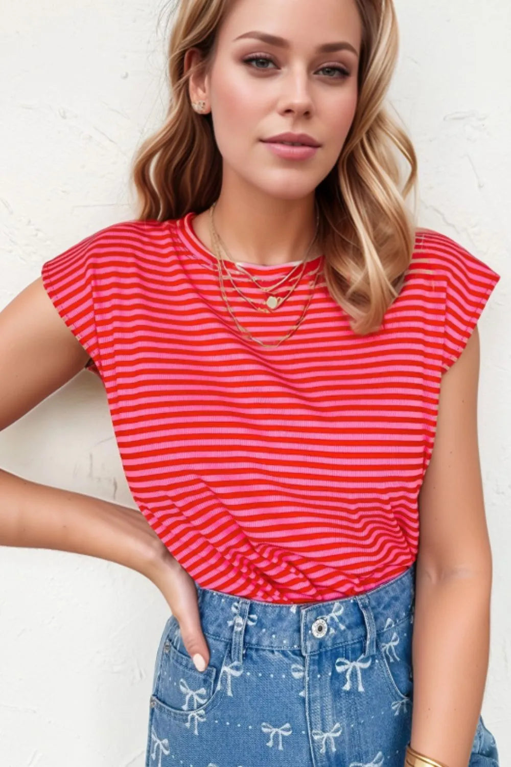 Preppy Stripe Ribbed Cap Sleeve Round Neck Tee