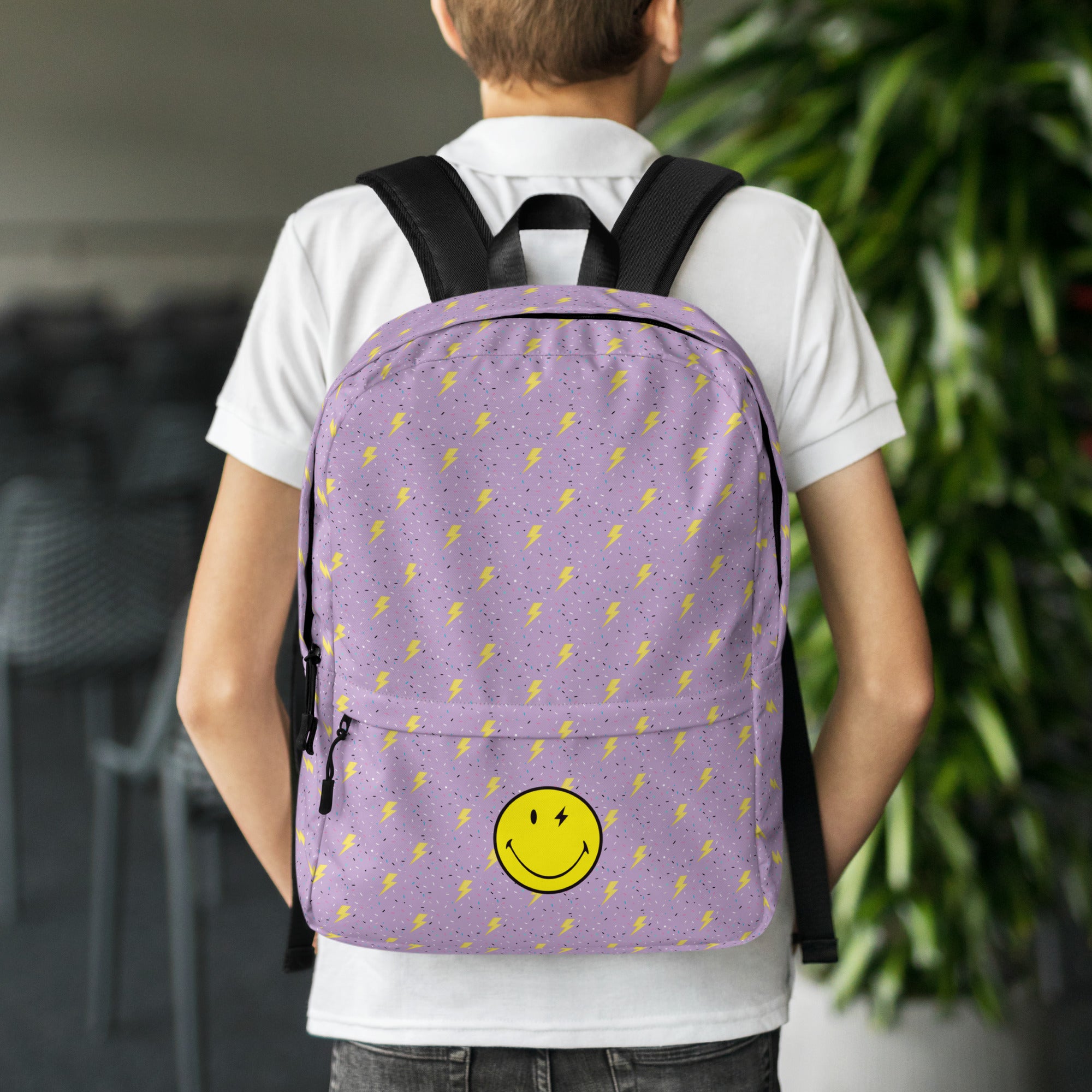 Preppy Smiley Face Lightning Bolts Purple Backpack