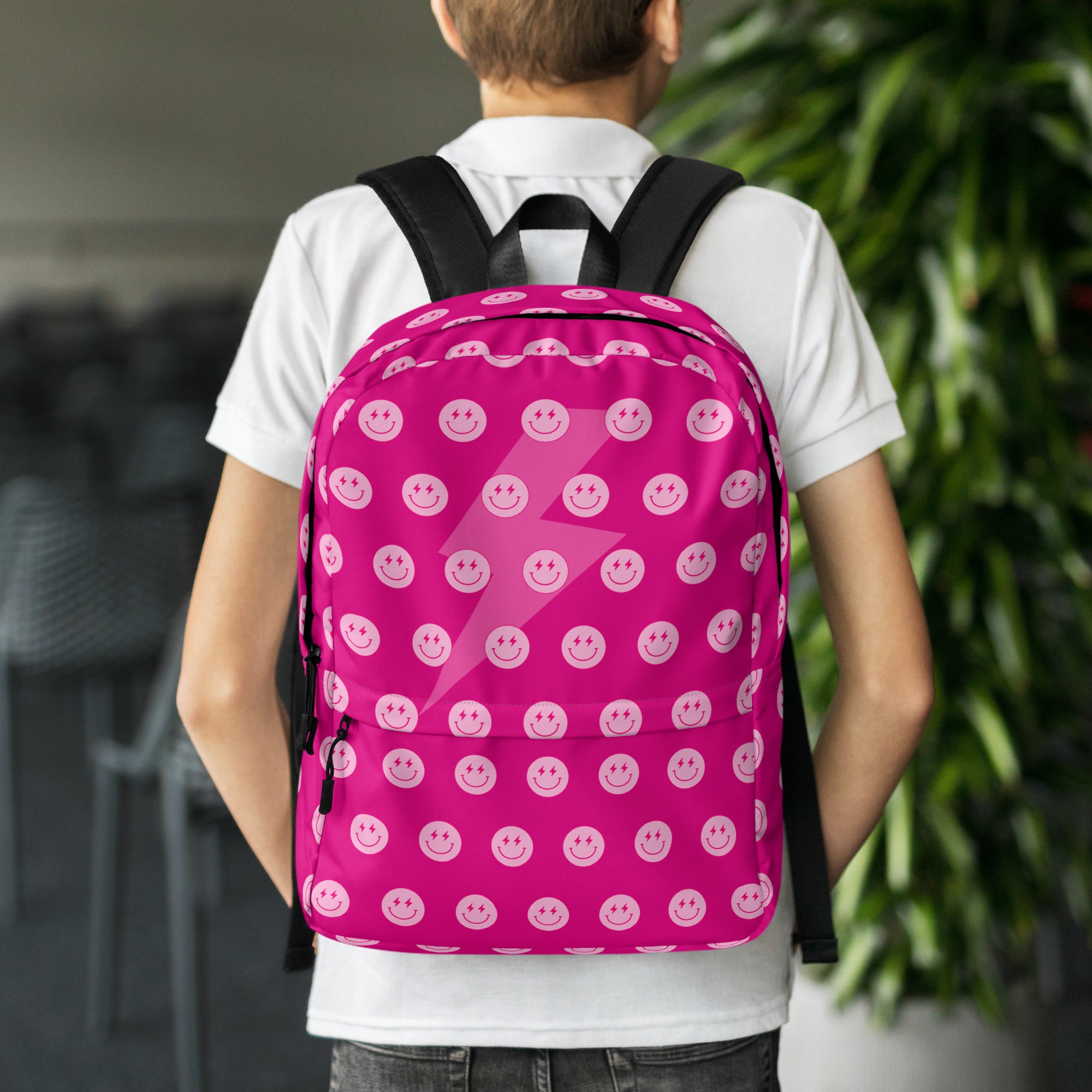 Preppy Pink Smiley Face Lightning Bolt Backpack