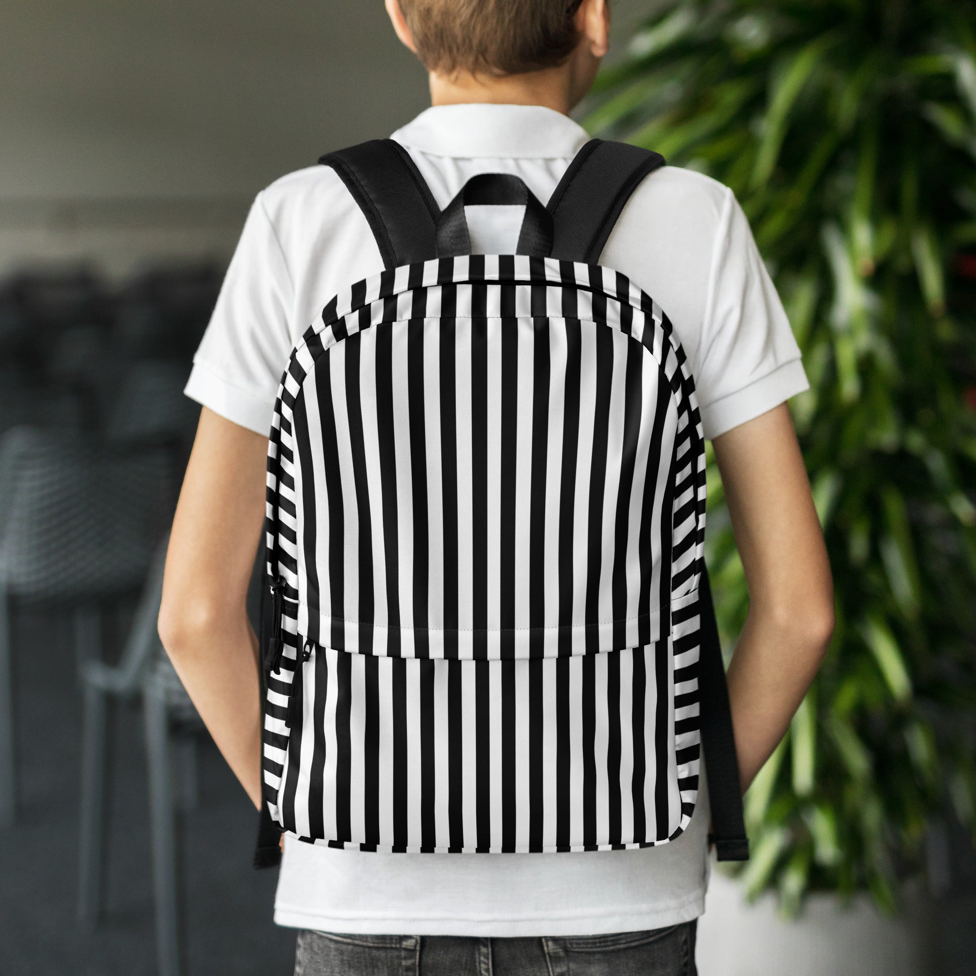 Preppy Black and White Vertical Striped Lines Printed Backpack