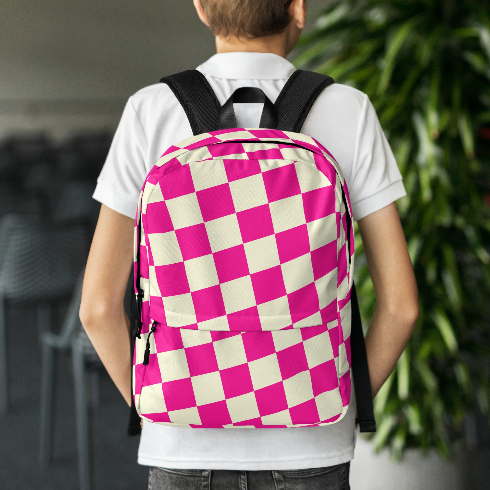 Preppy Style Pink Checkered School Backpack