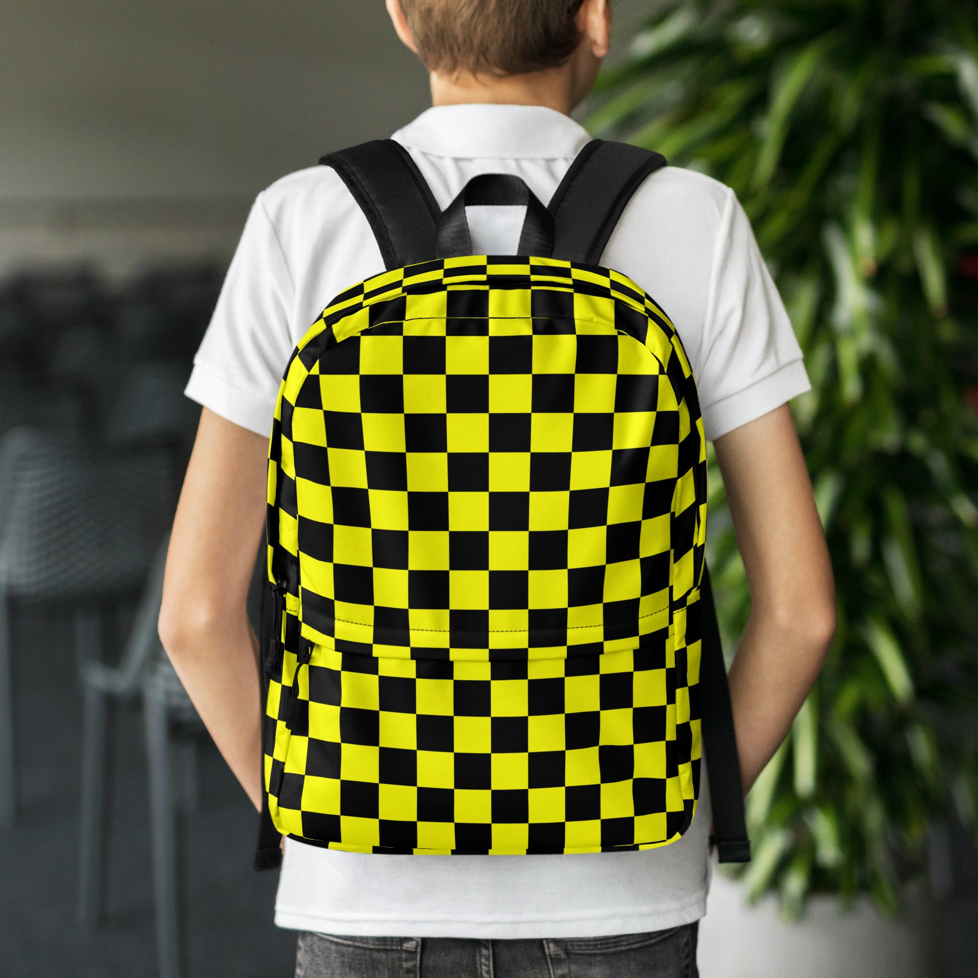 Preppy Yellow and Black Aesthetic Checkered Print Backpack
