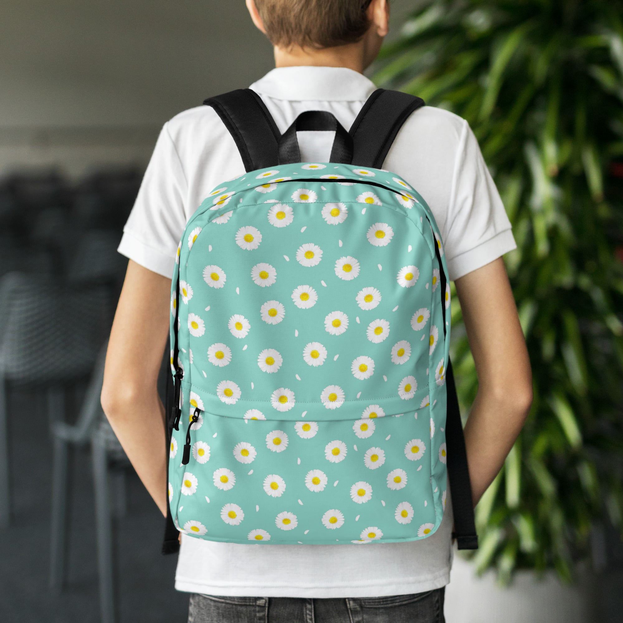 White Daisy Flower Pattern Pastel Blue Summer Backpack