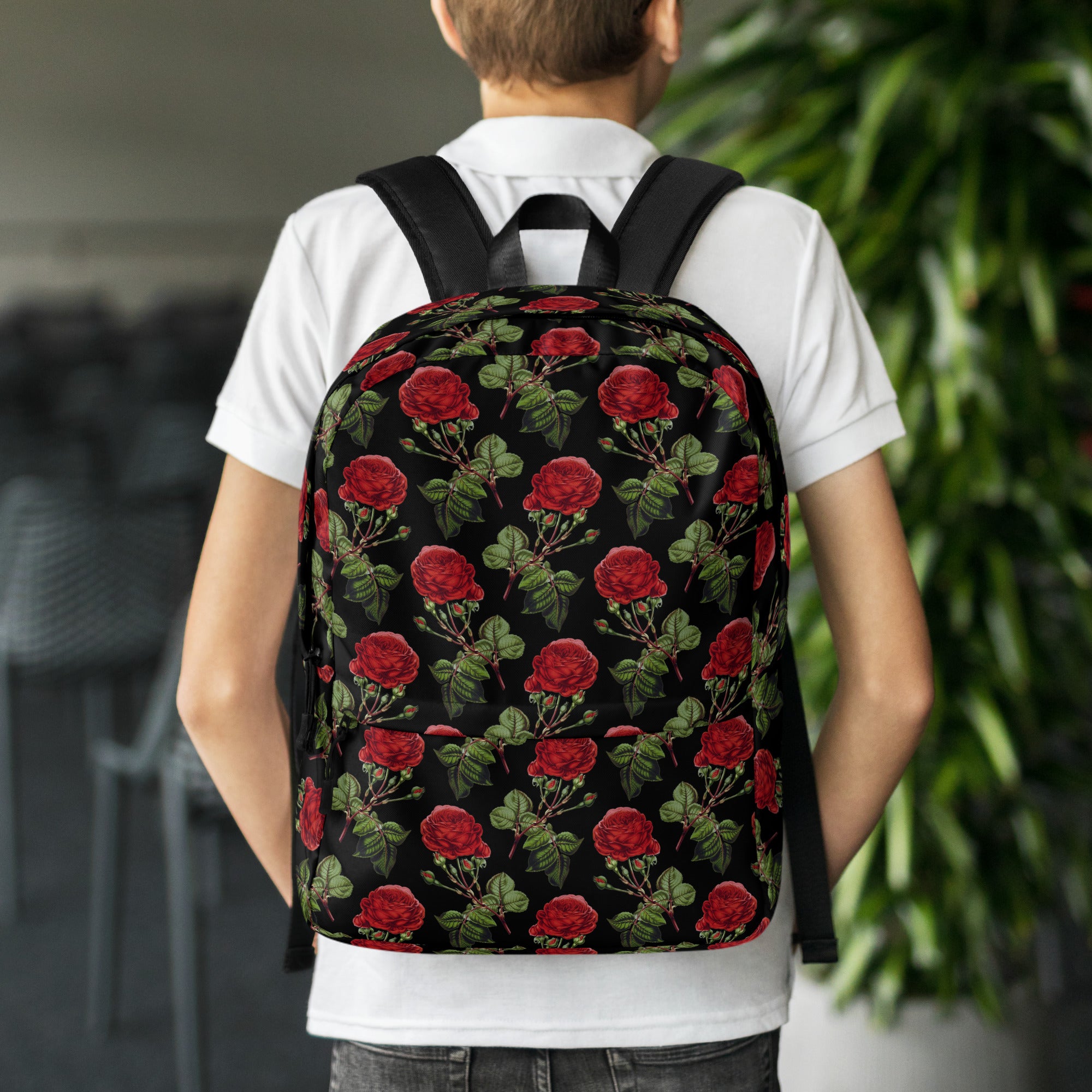 Vintage Red Roses Print Floral Black Casual School Backpack