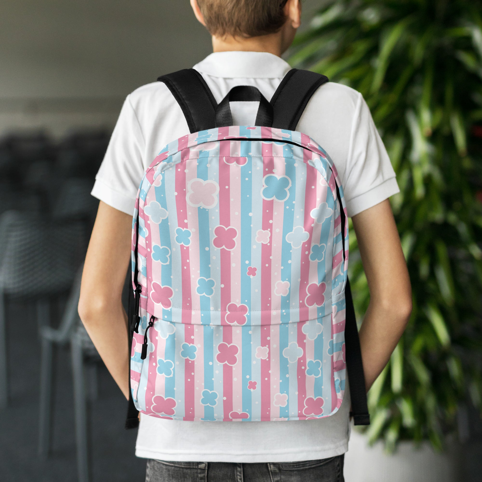 Preppy Cute Pastel Pink & Blue Flower Style Stripes Backpack for Girls