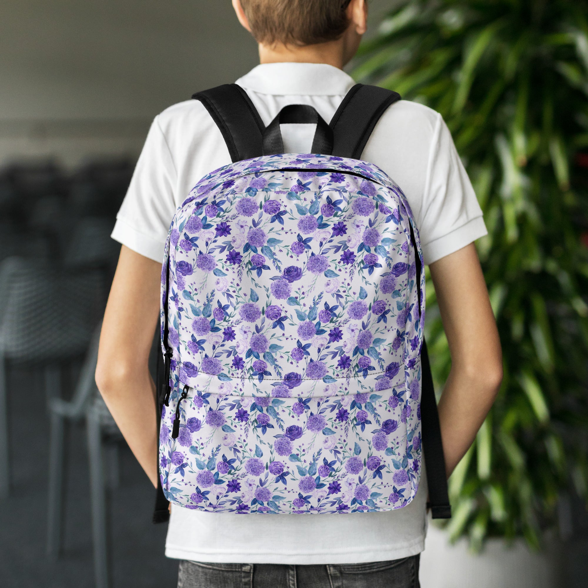 Preppy Purple Floral White Backpack for Women
