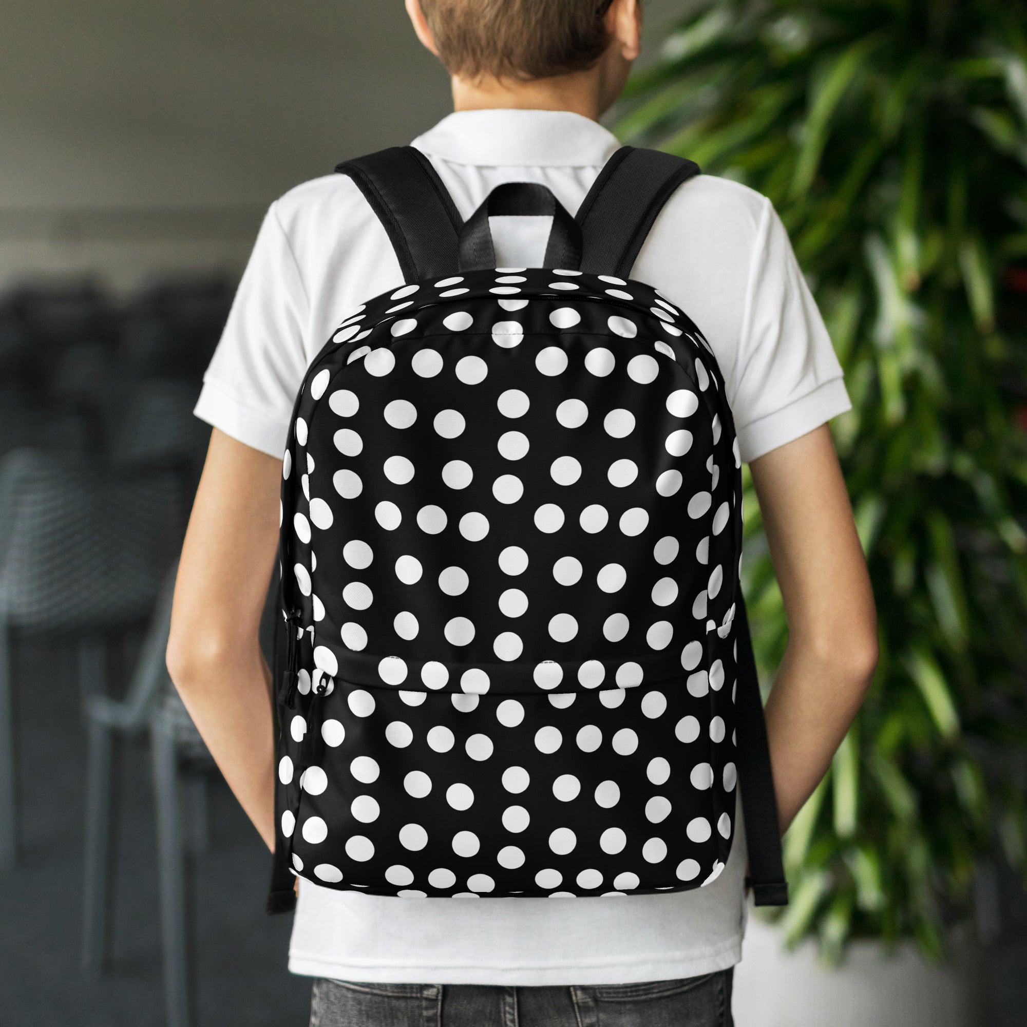 Vintage Preppy Style Black Backpack with White Polka dots