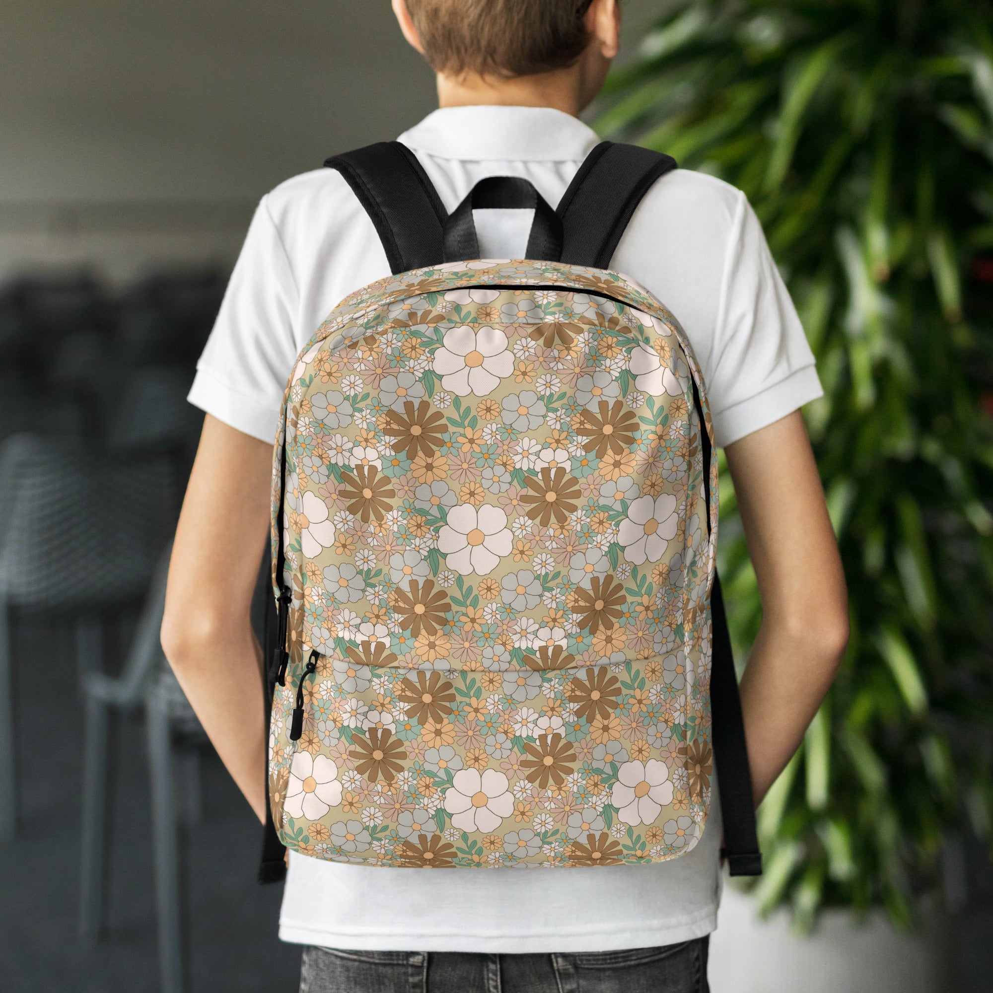 Aesthetic Groovy Brown Fall Flower Pattern Backpack