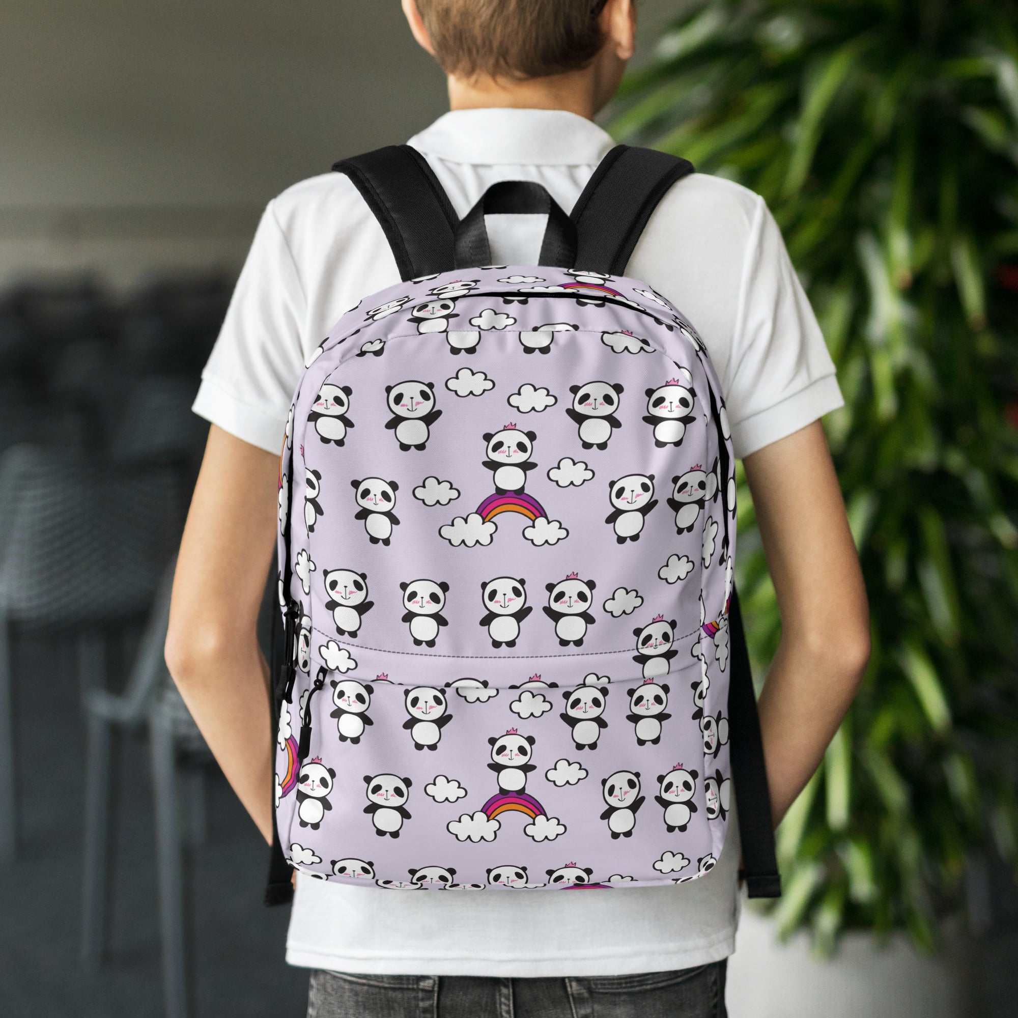 Preppy Purple Cute Little Pandas Print Medium Size Backpack Bag