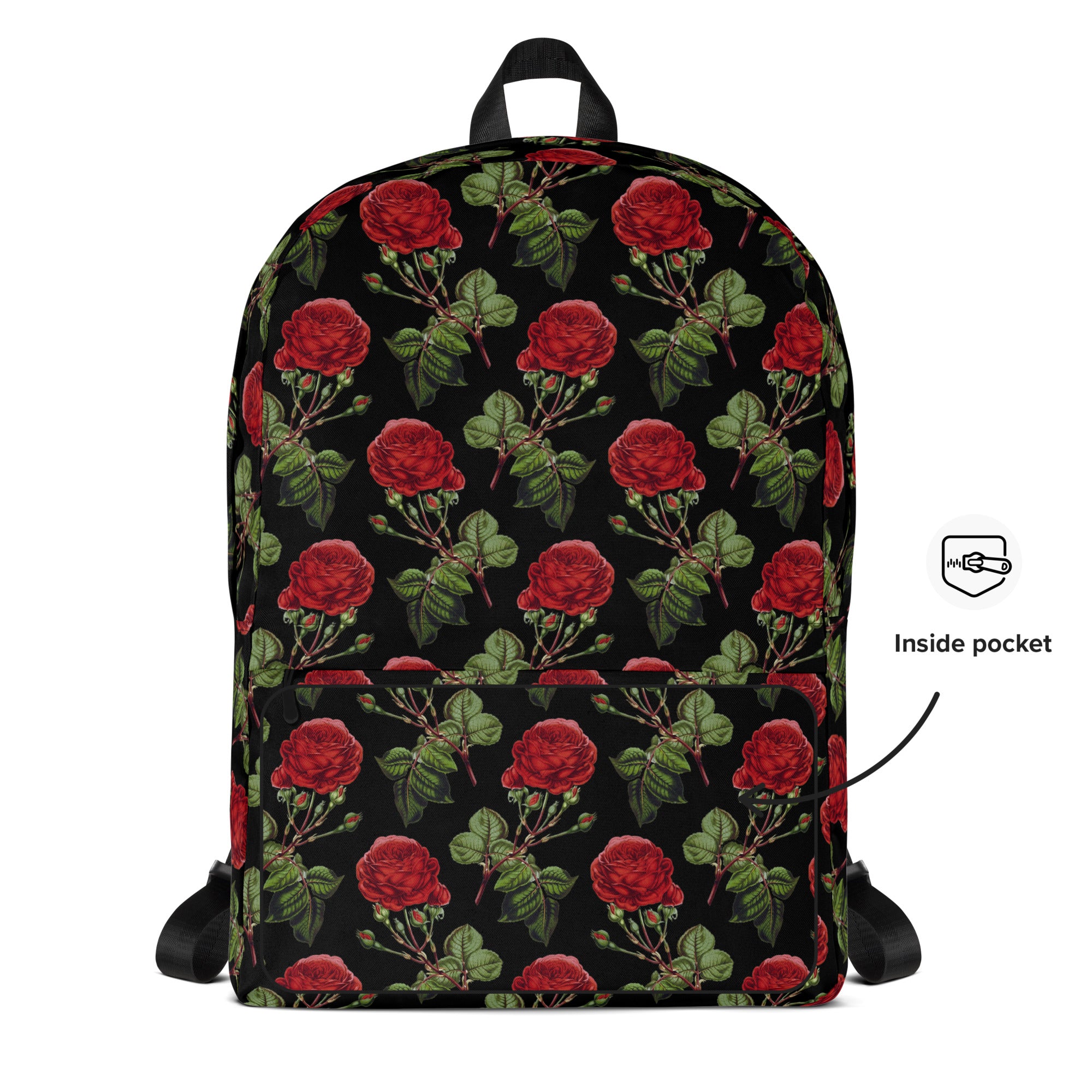 Vintage Red Roses Print Floral Black Casual School Backpack