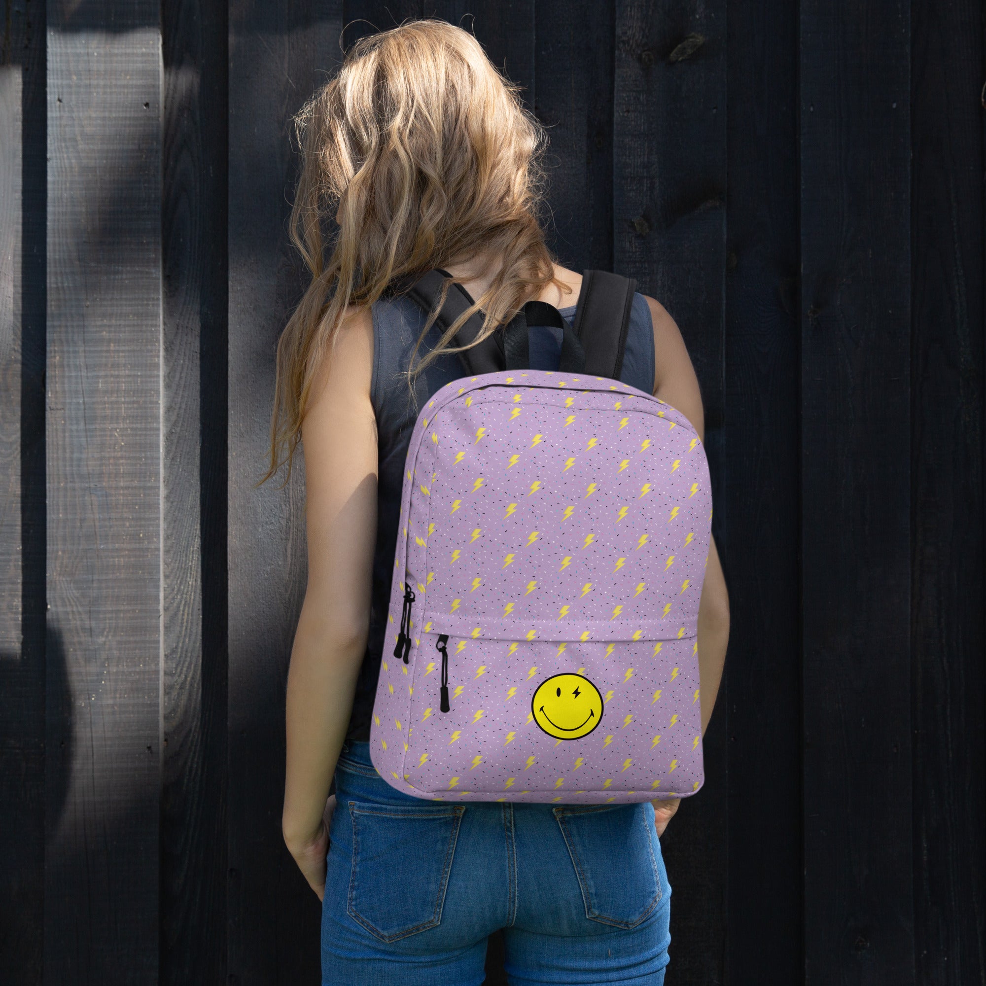 Preppy Smiley Face Lightning Bolts Purple Backpack
