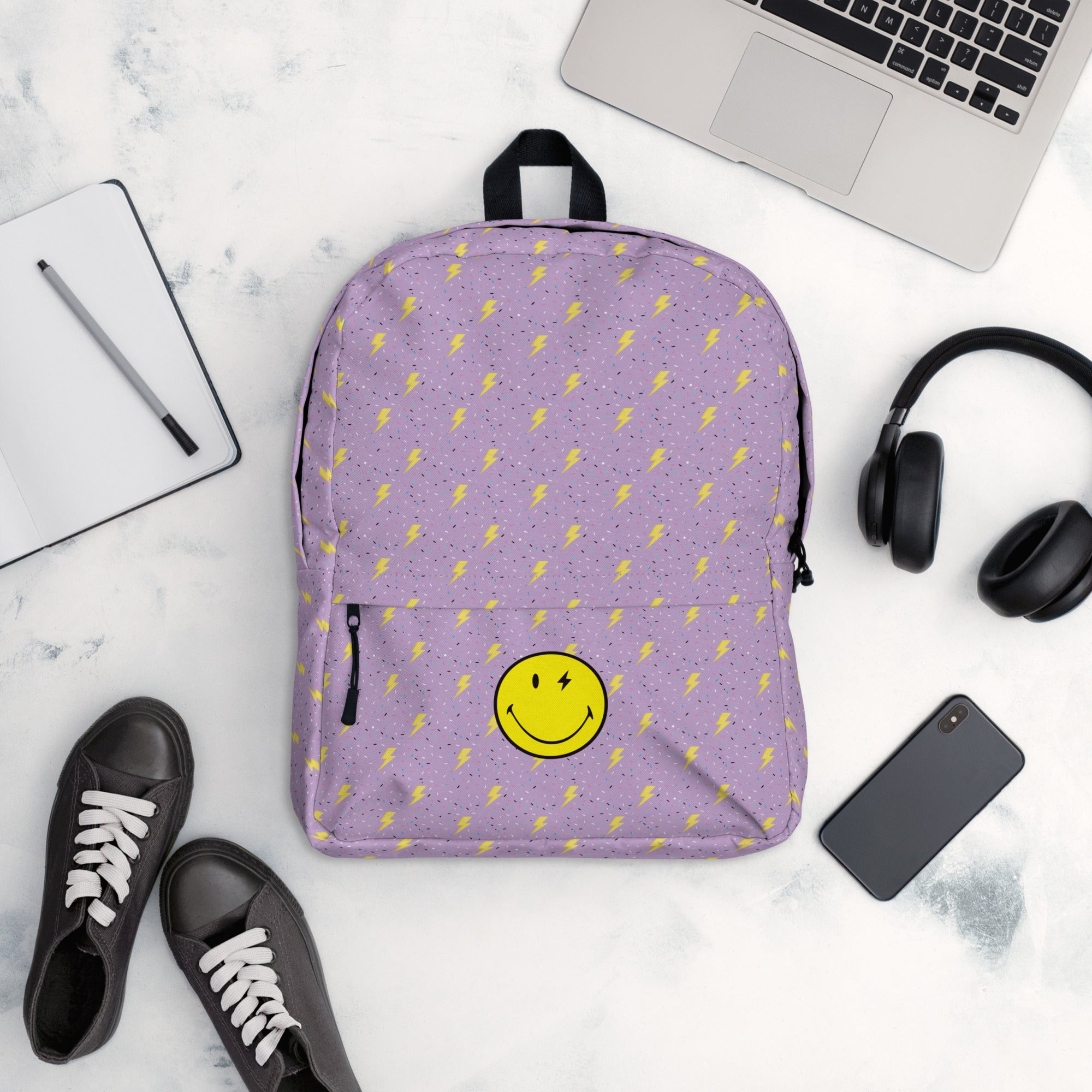 Preppy Smiley Face Lightning Bolts Purple Backpack