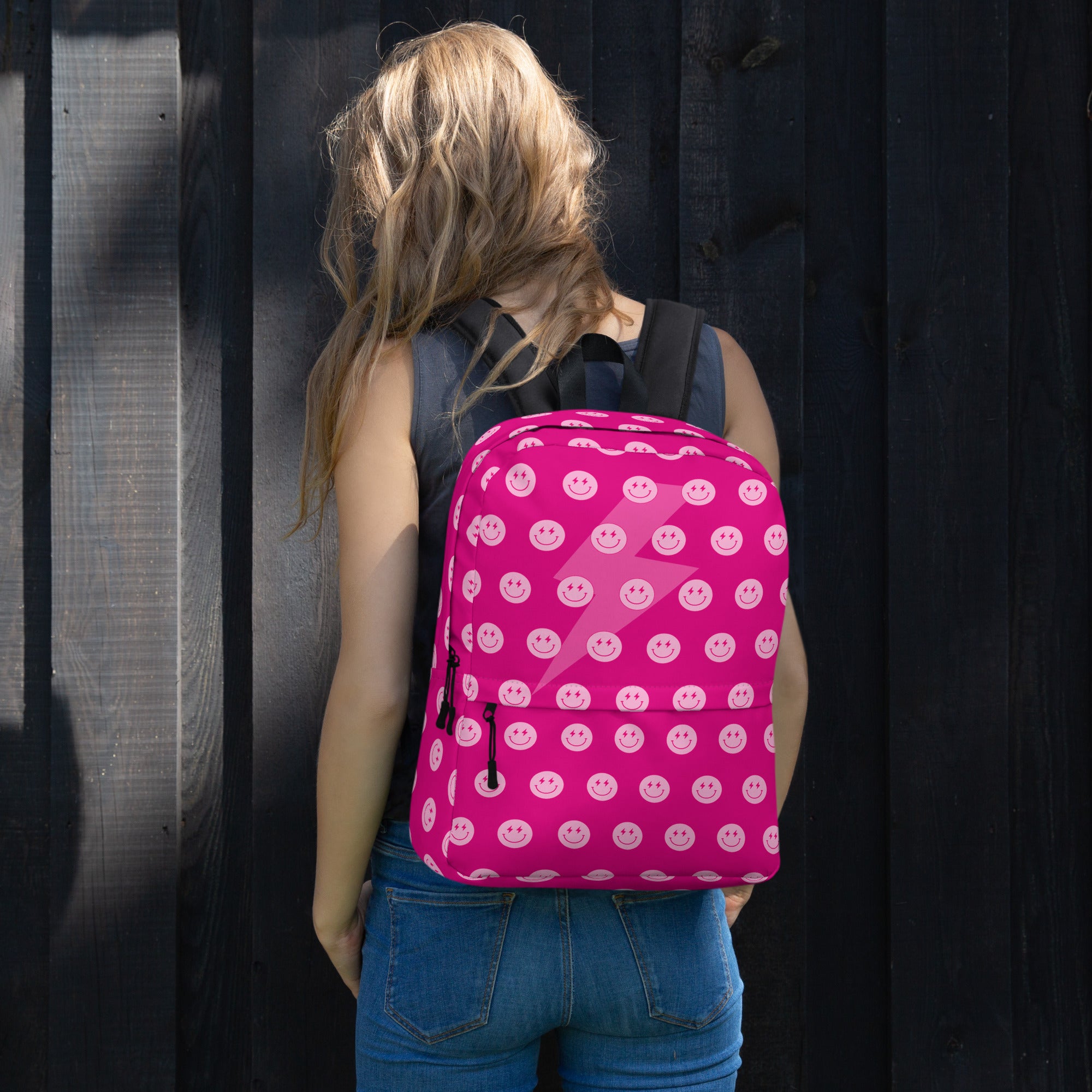 Preppy Pink Smiley Face Lightning Bolt Backpack
