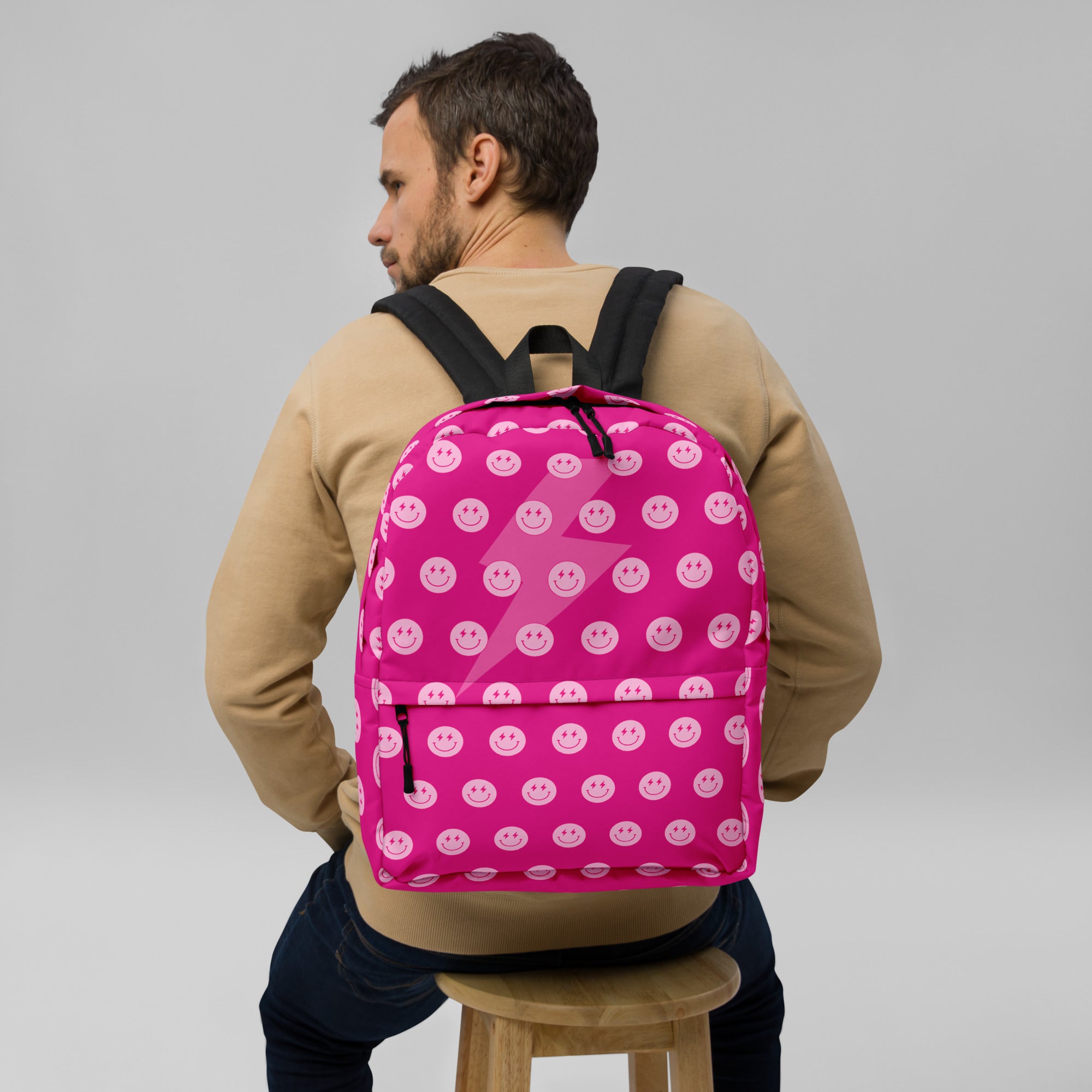 Preppy Pink Smiley Face Lightning Bolt Backpack