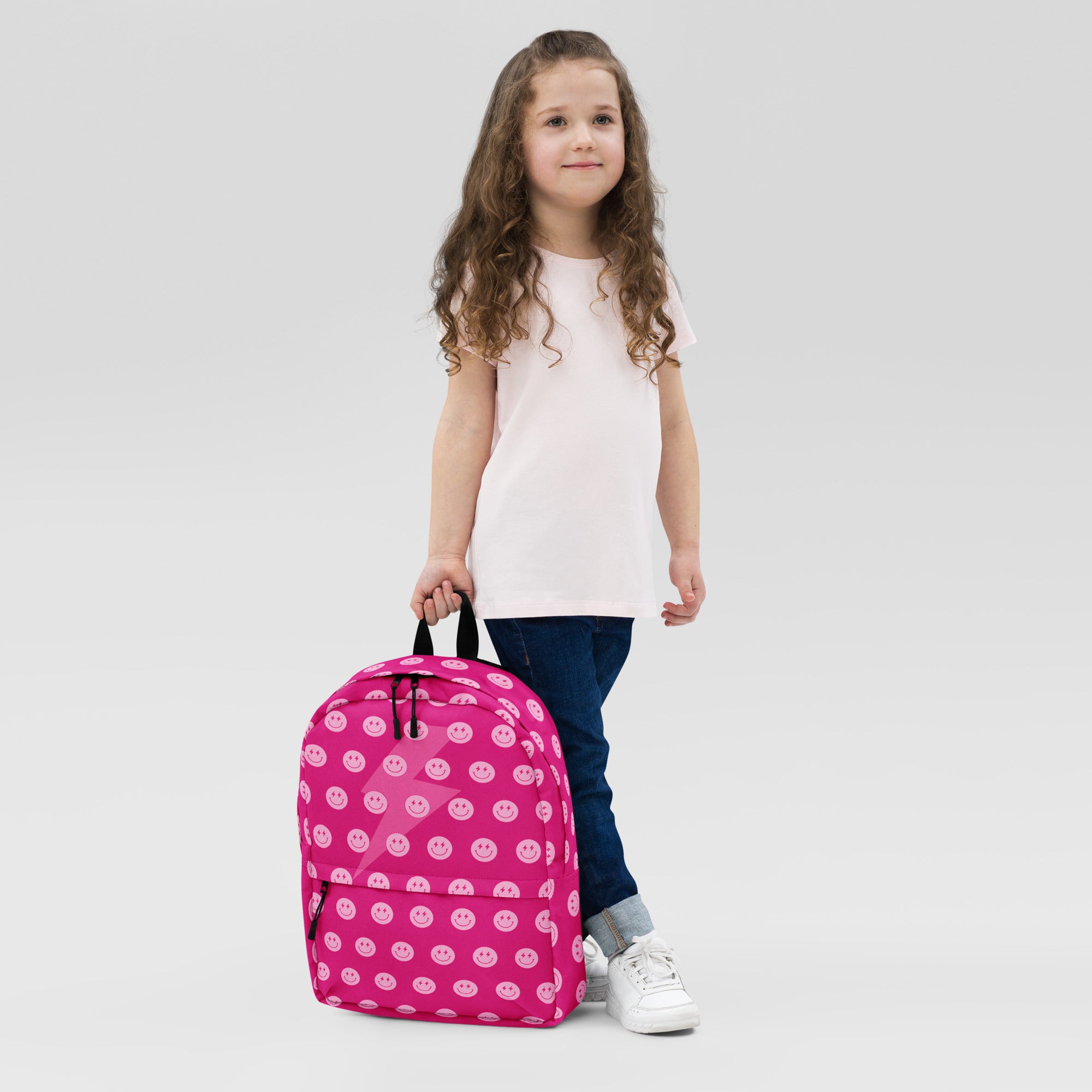 Preppy Pink Smiley Face Lightning Bolt Backpack