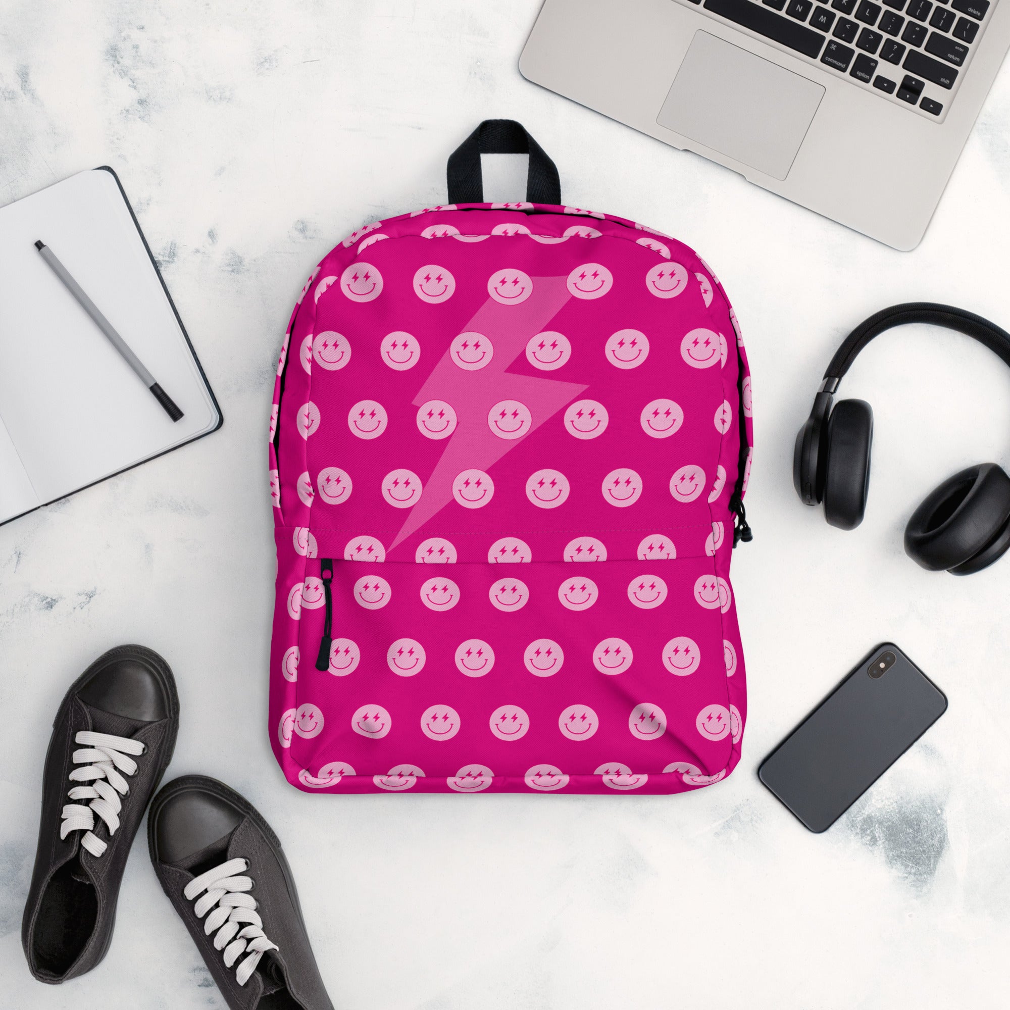 Preppy Pink Smiley Face Lightning Bolt Backpack