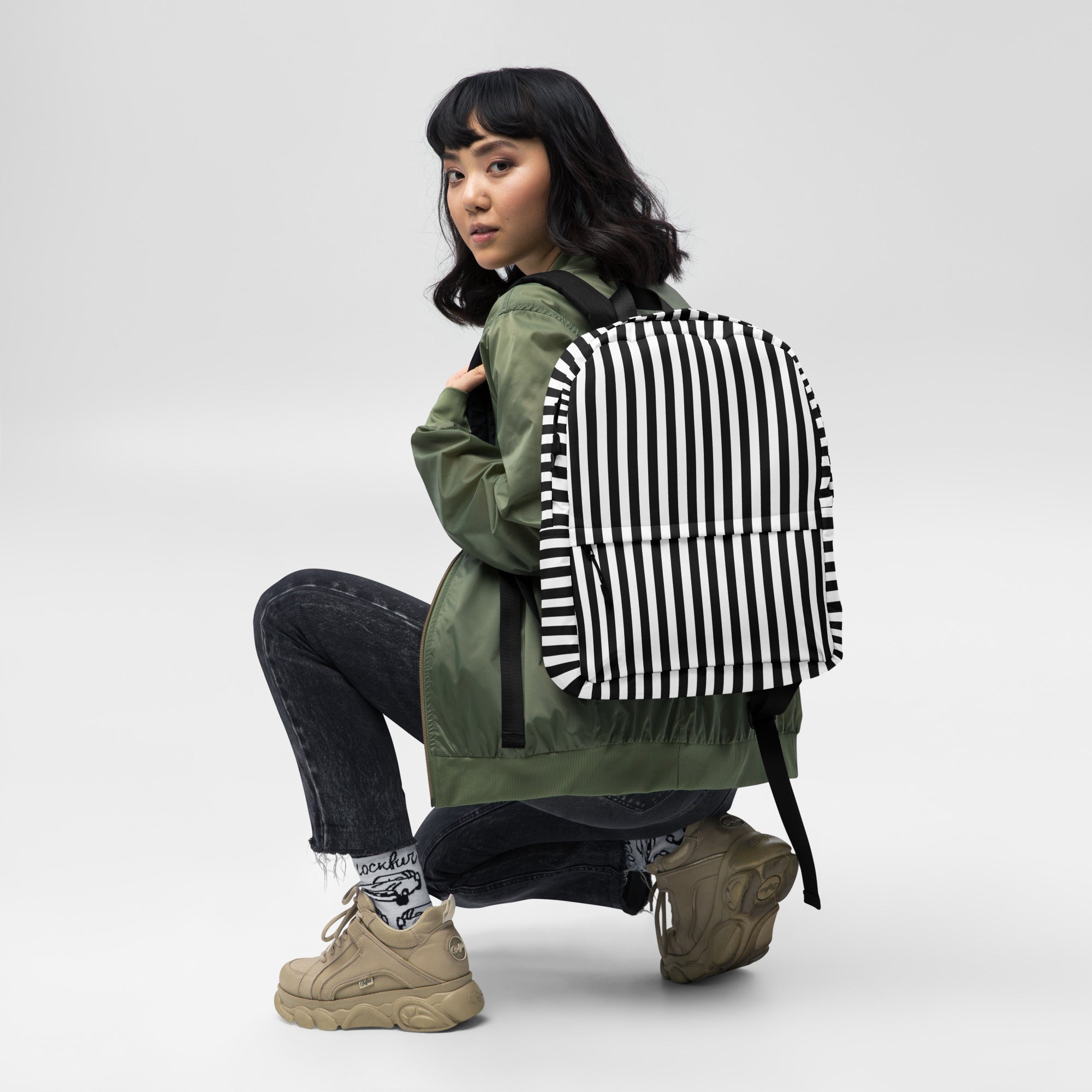 Preppy Black and White Vertical Striped Lines Printed Backpack