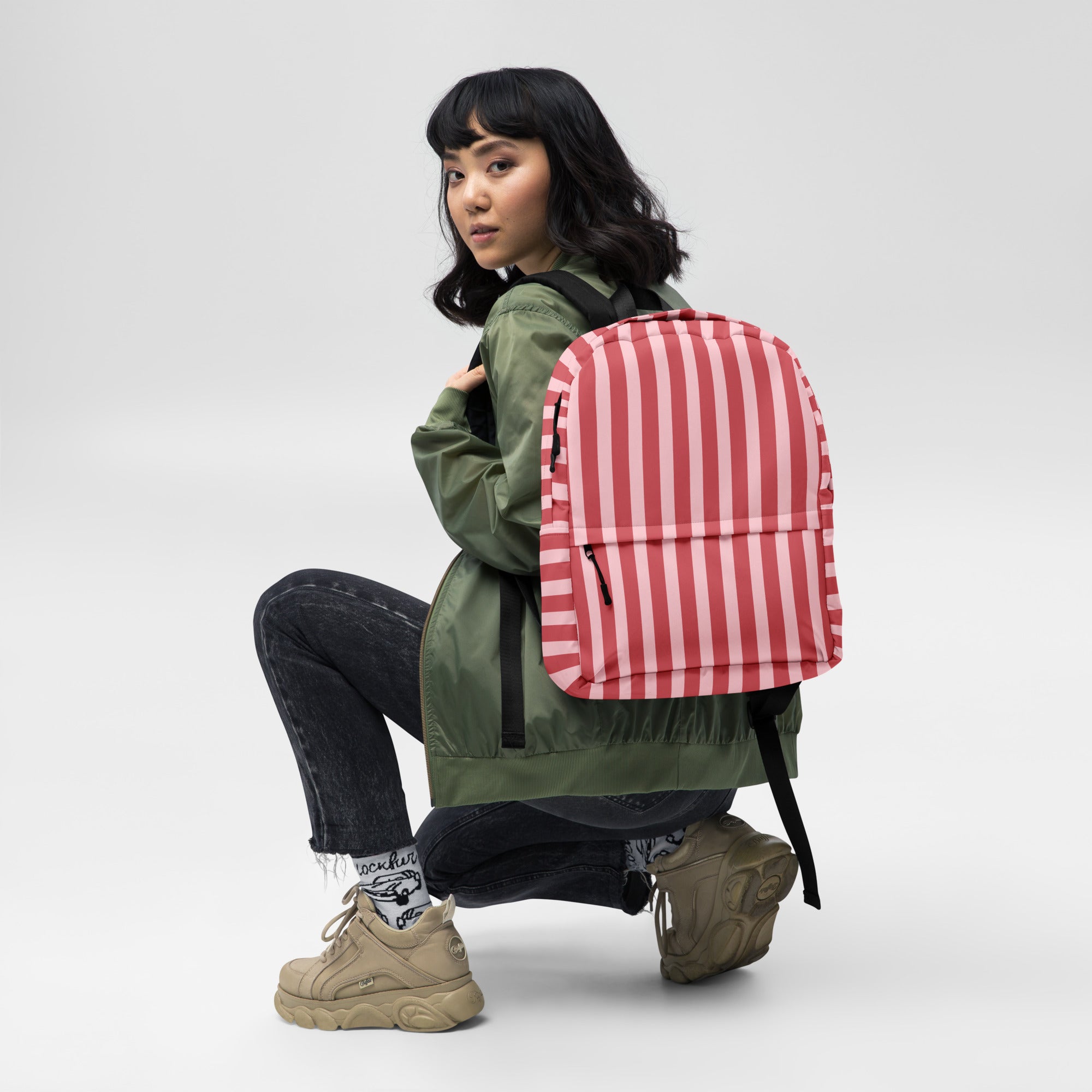 Preppy Pink Red Stripe Cute Aesthetic Backpack