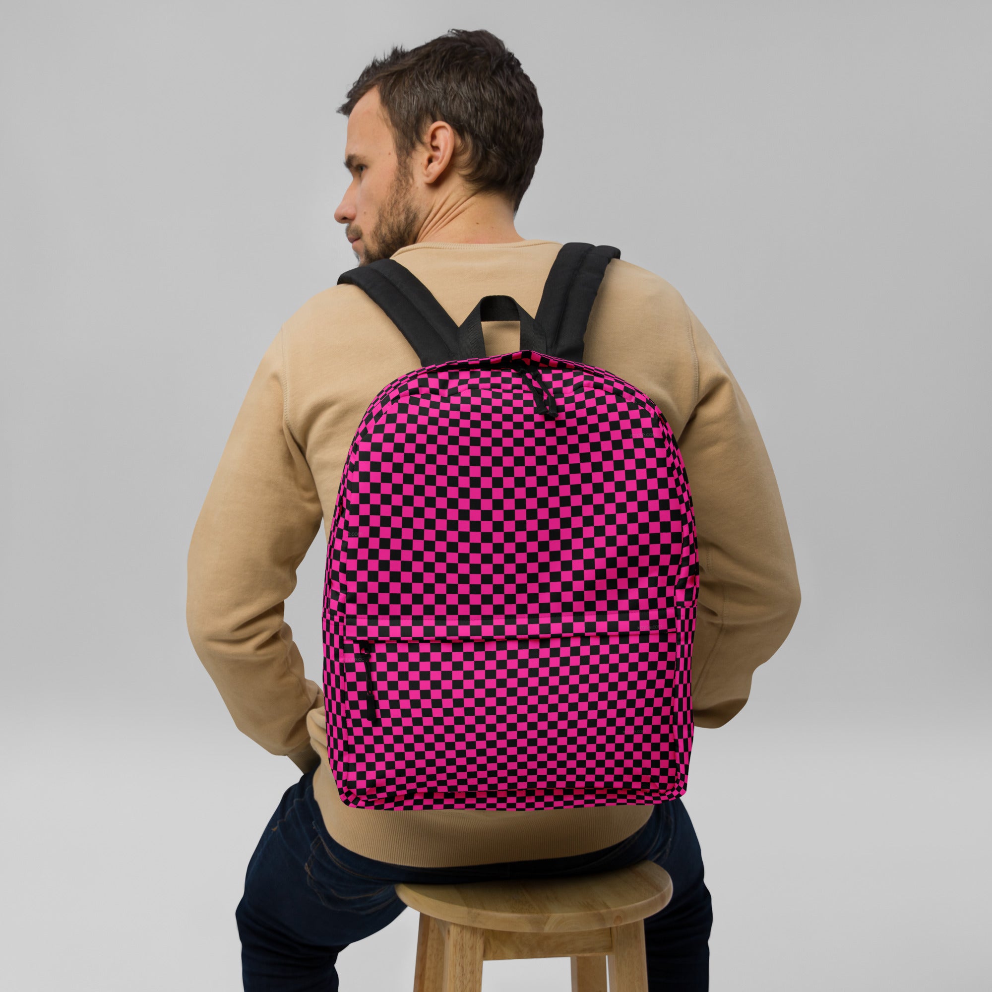 Preppy Pink Aesthetic Checkered Print Backpack