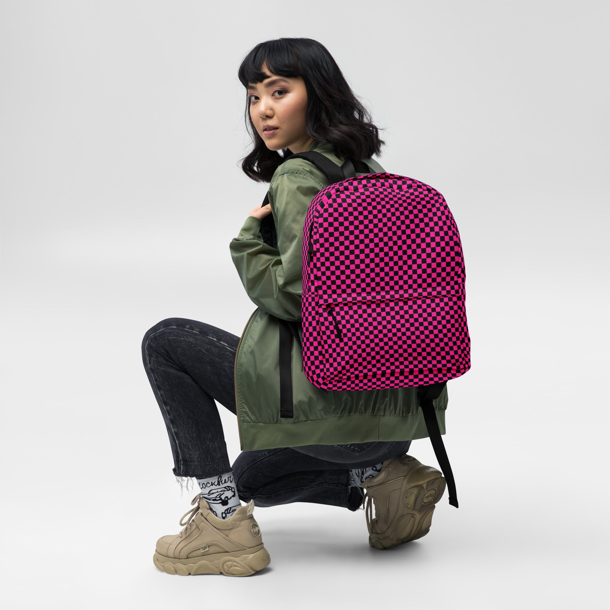 Preppy Pink Aesthetic Checkered Print Backpack