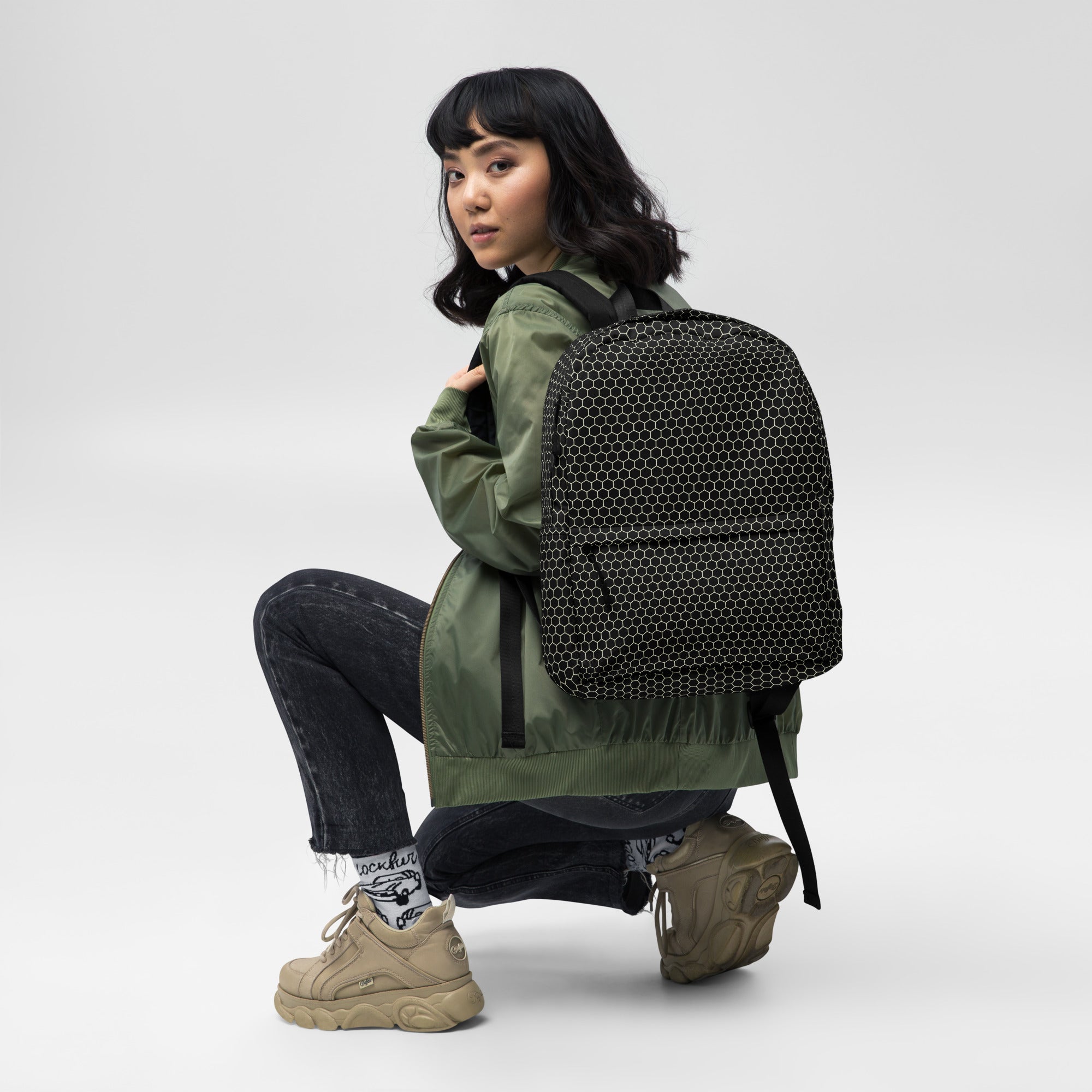 Trendy Beehive Honeycomb Black Hexagon Geometric Backpack