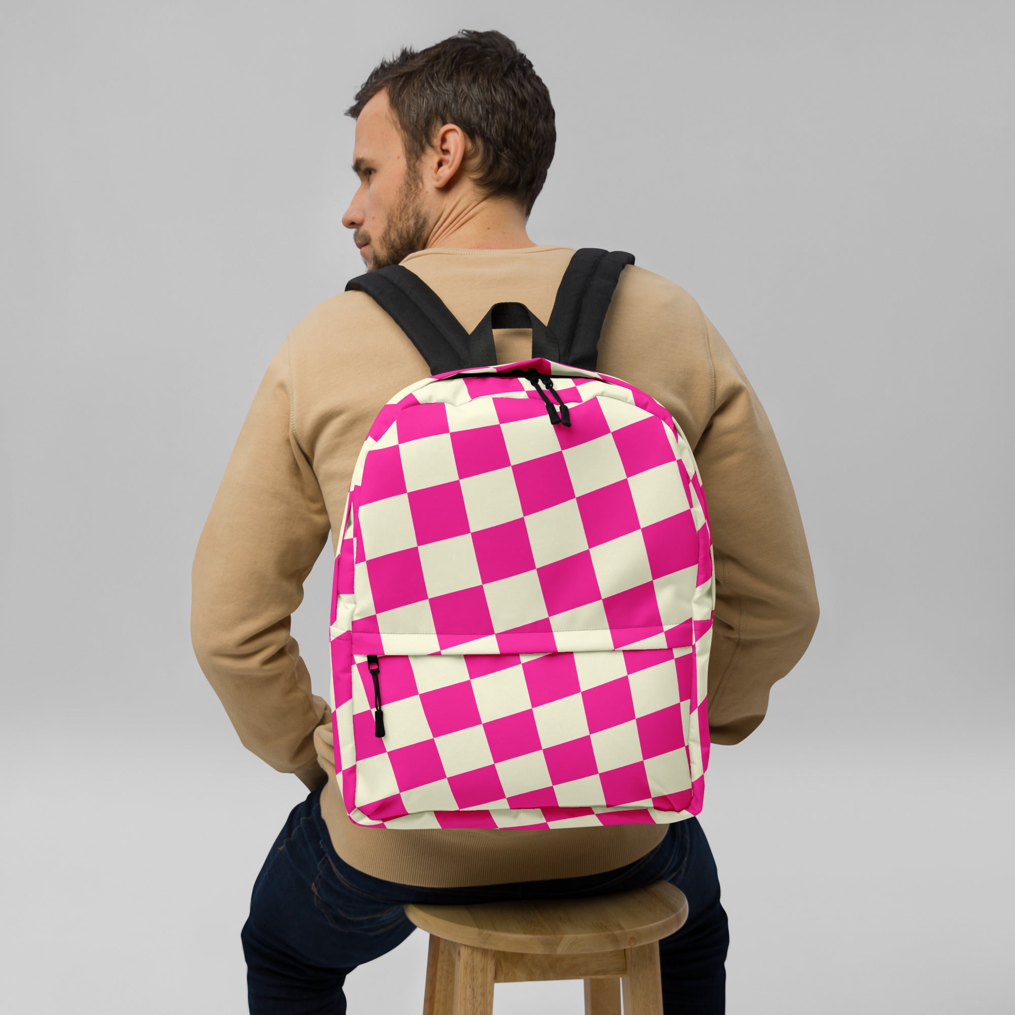 Preppy Style Pink Checkered School Backpack