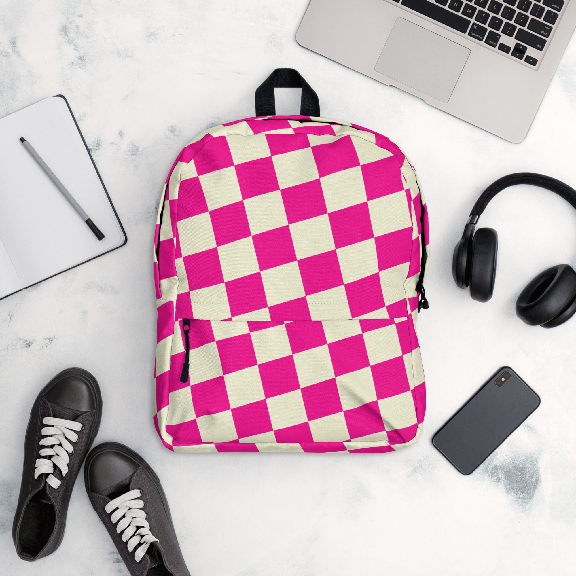 Preppy Style Pink Checkered School Backpack