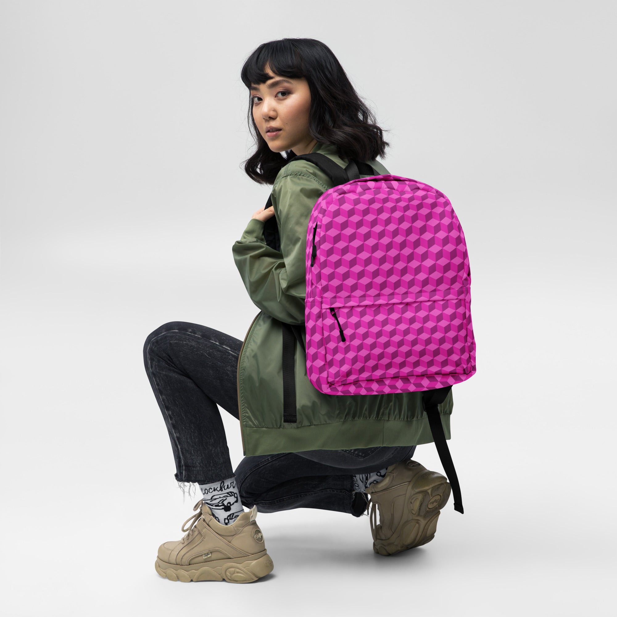 3d Geometric Cubes Optical illusion Preppy Pink Backpack