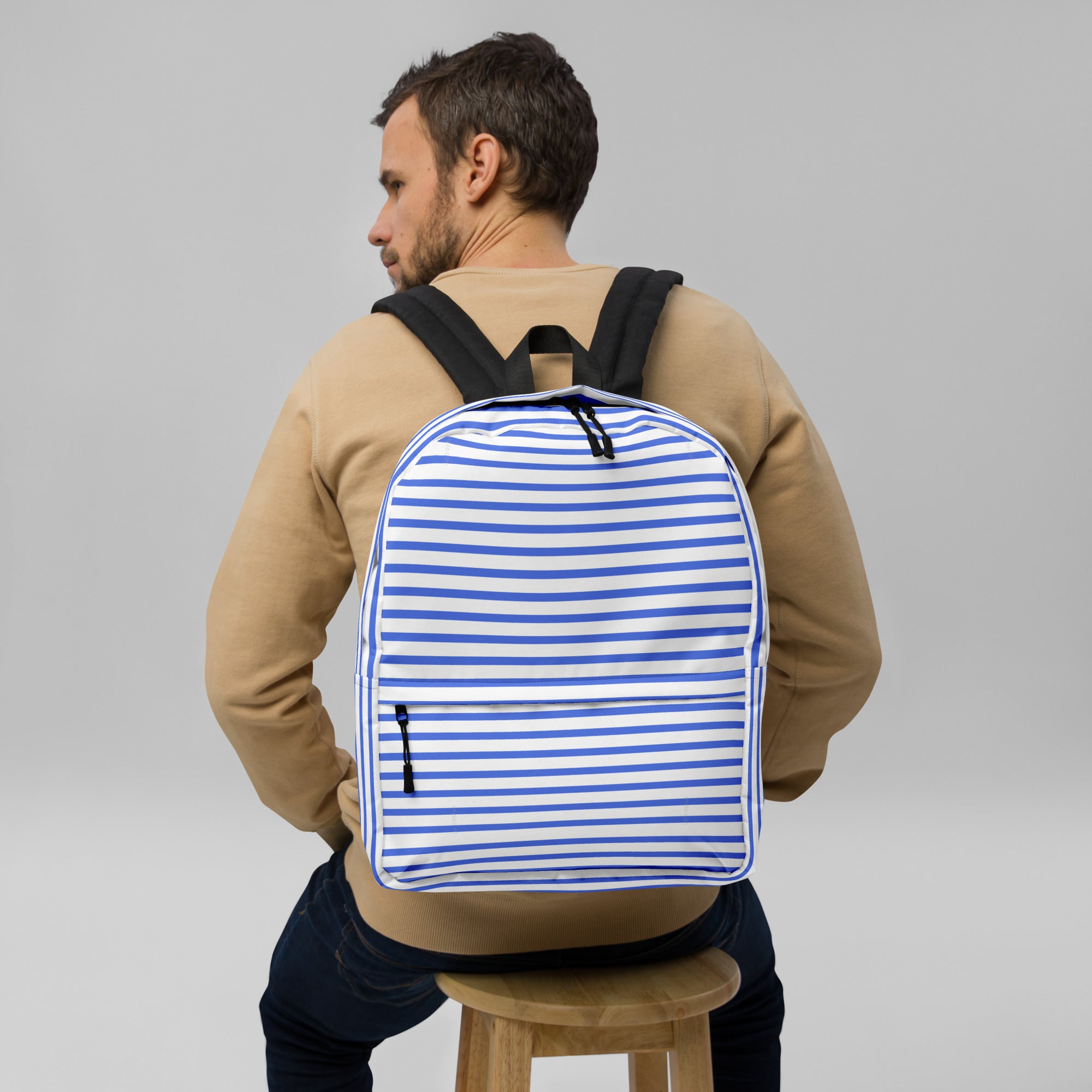 Nautical Striped Blue & White Horizontal Streaks Lines Backpack