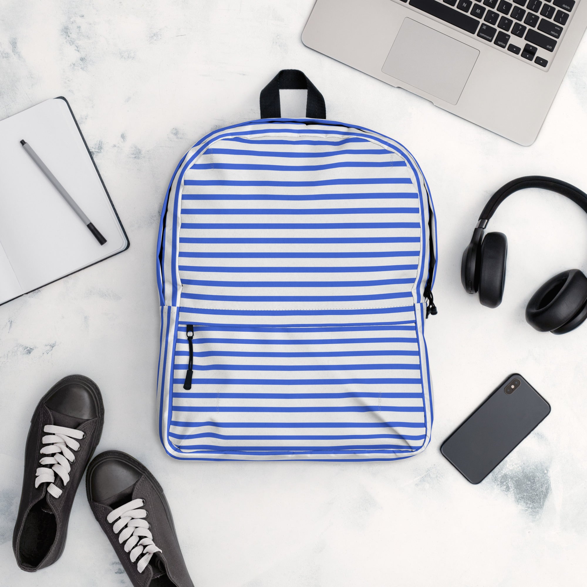 Nautical Striped Blue & White Horizontal Streaks Lines Backpack