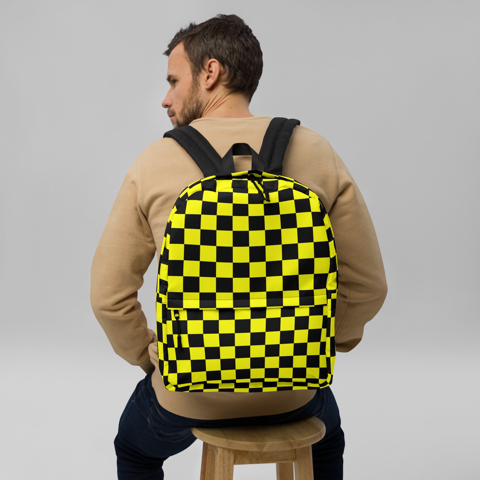 Preppy Yellow and Black Aesthetic Checkered Print Backpack