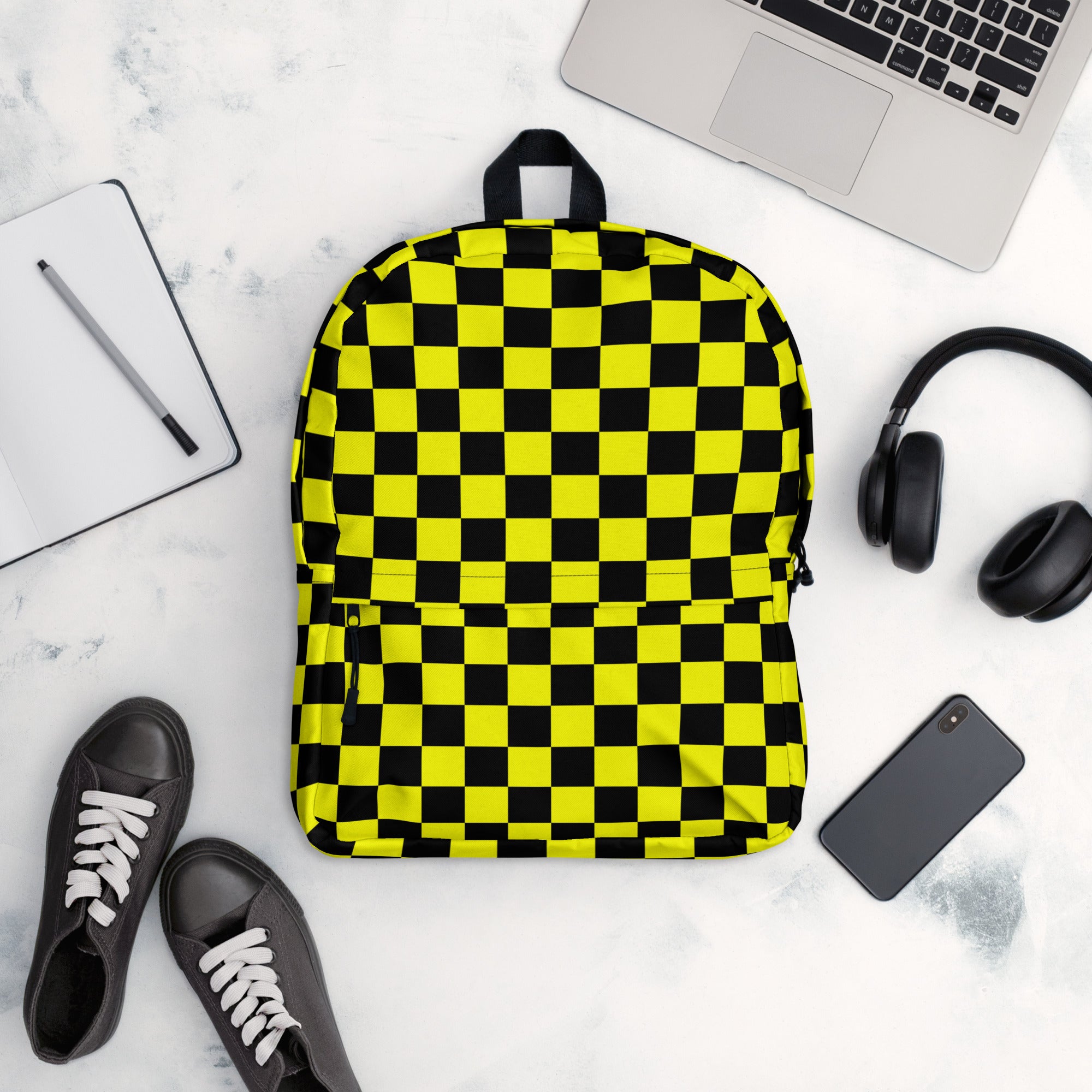 Preppy Yellow and Black Aesthetic Checkered Print Backpack