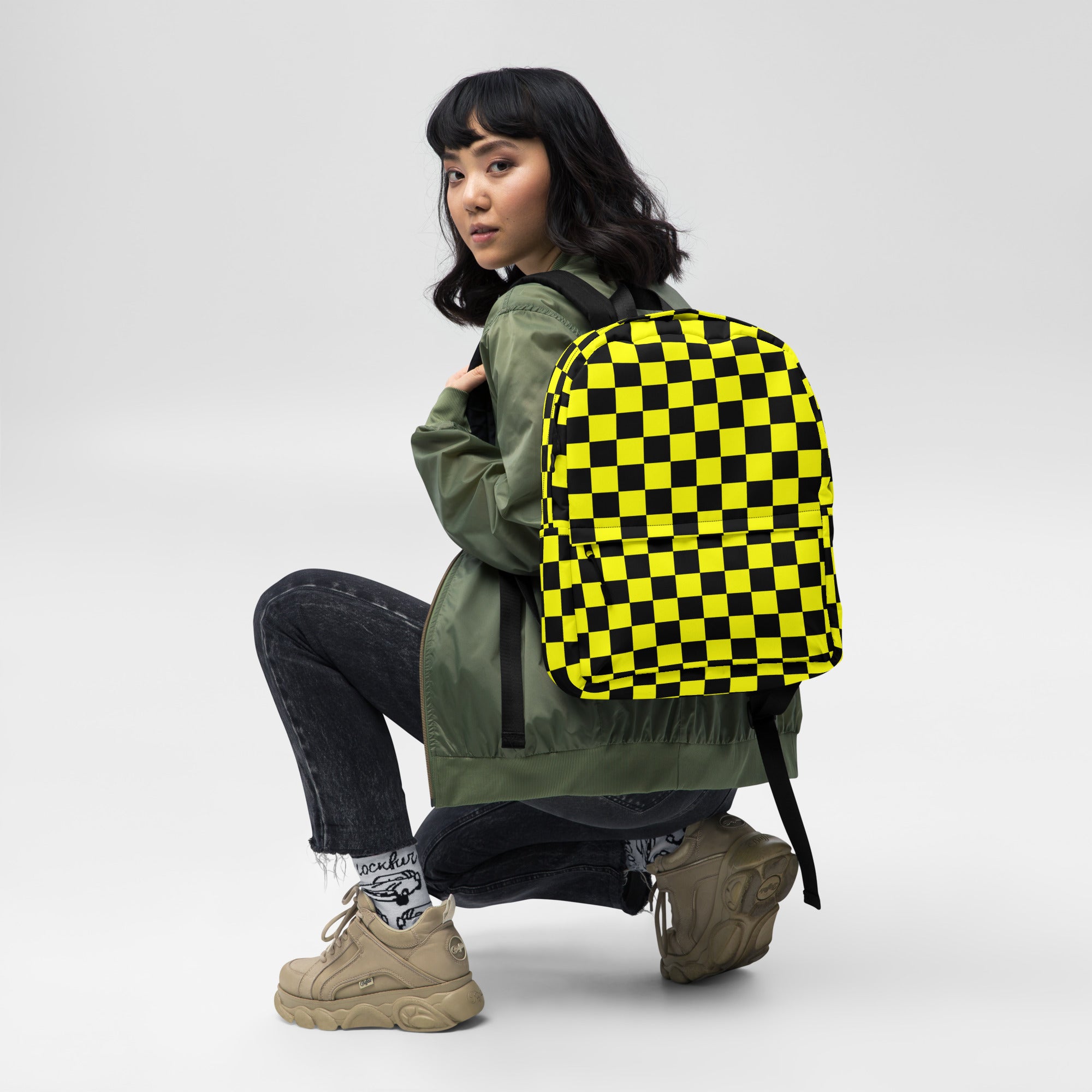 Preppy Yellow and Black Aesthetic Checkered Print Backpack