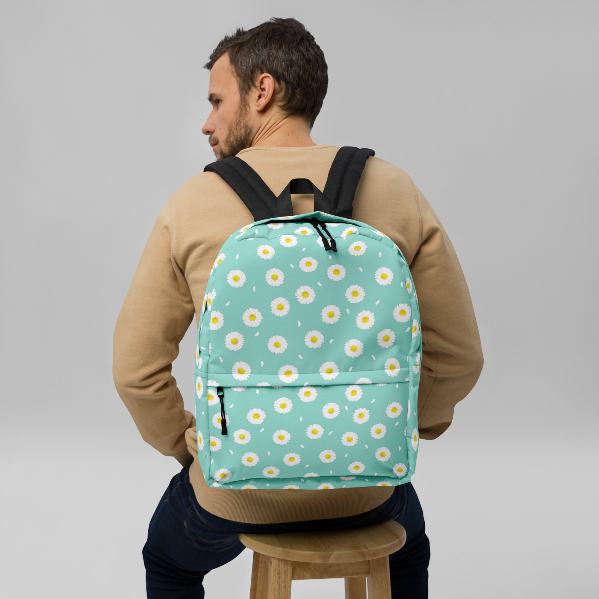 White Daisy Flower Pattern Pastel Blue Summer Backpack