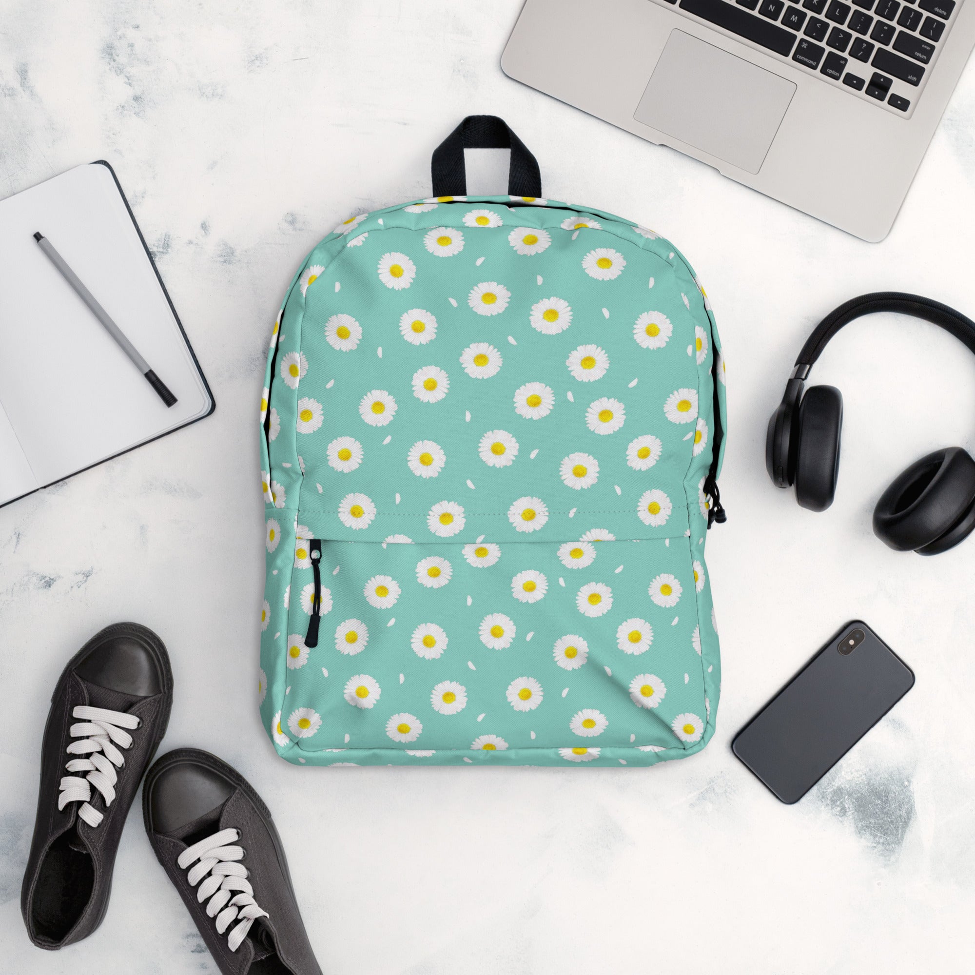 White Daisy Flower Pattern Pastel Blue Summer Backpack