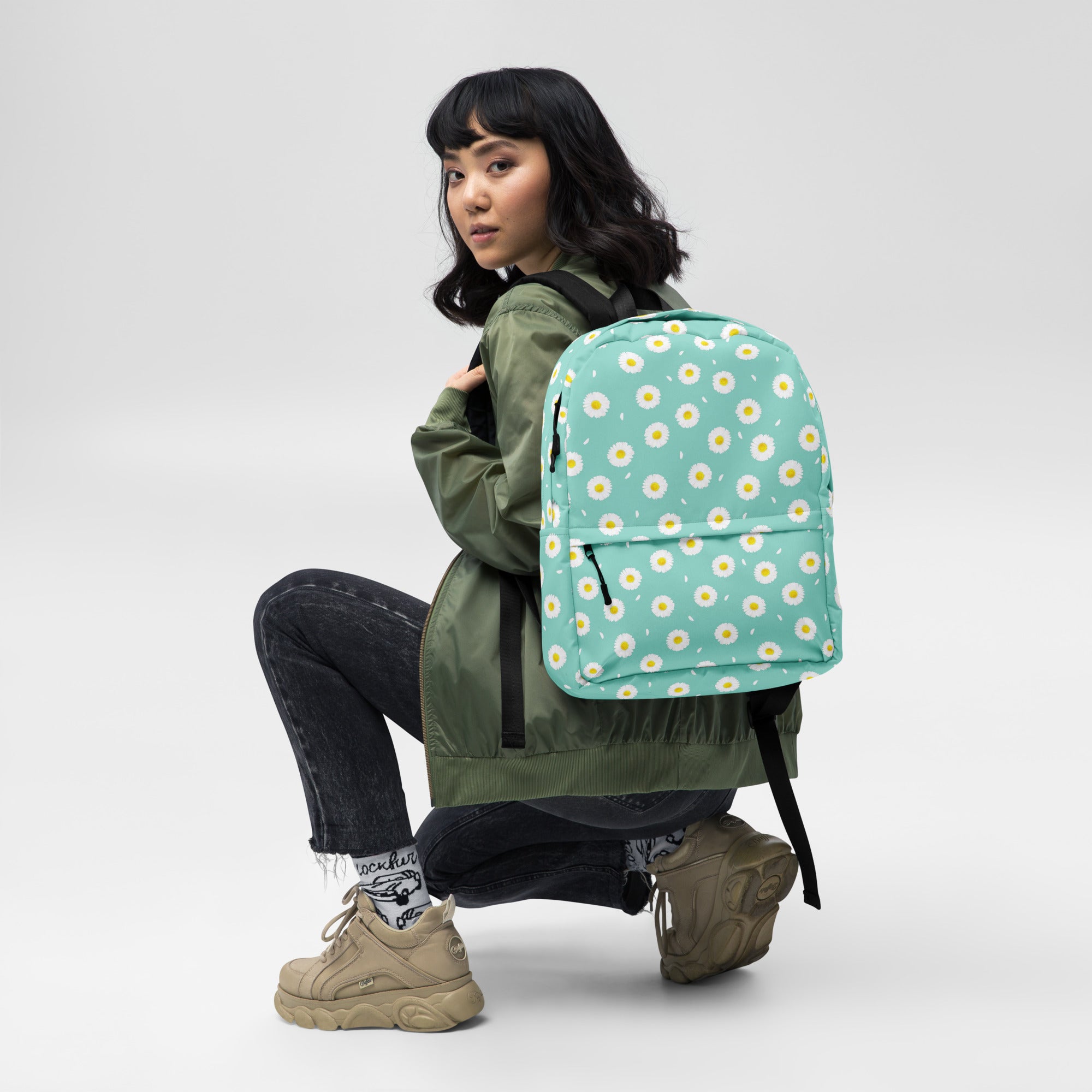 White Daisy Flower Pattern Pastel Blue Summer Backpack