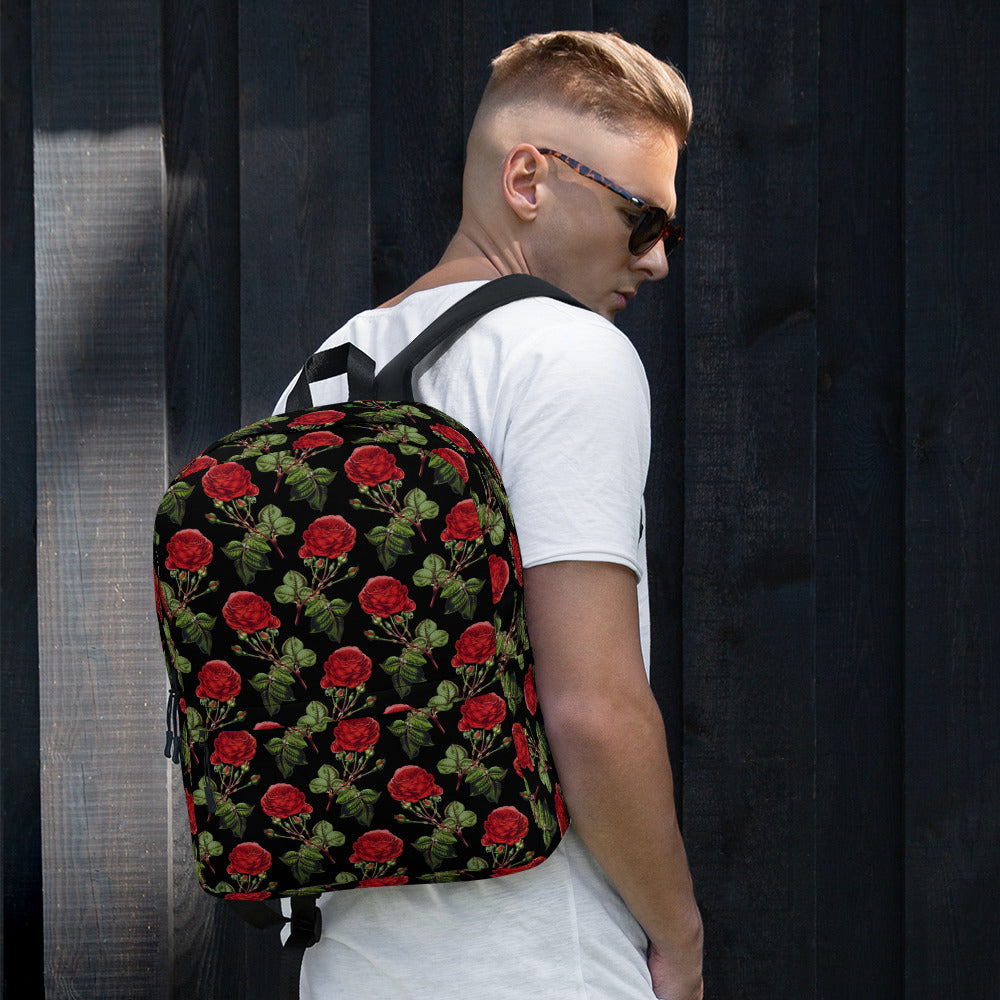 Vintage Red Roses Print Floral Black Casual School Backpack