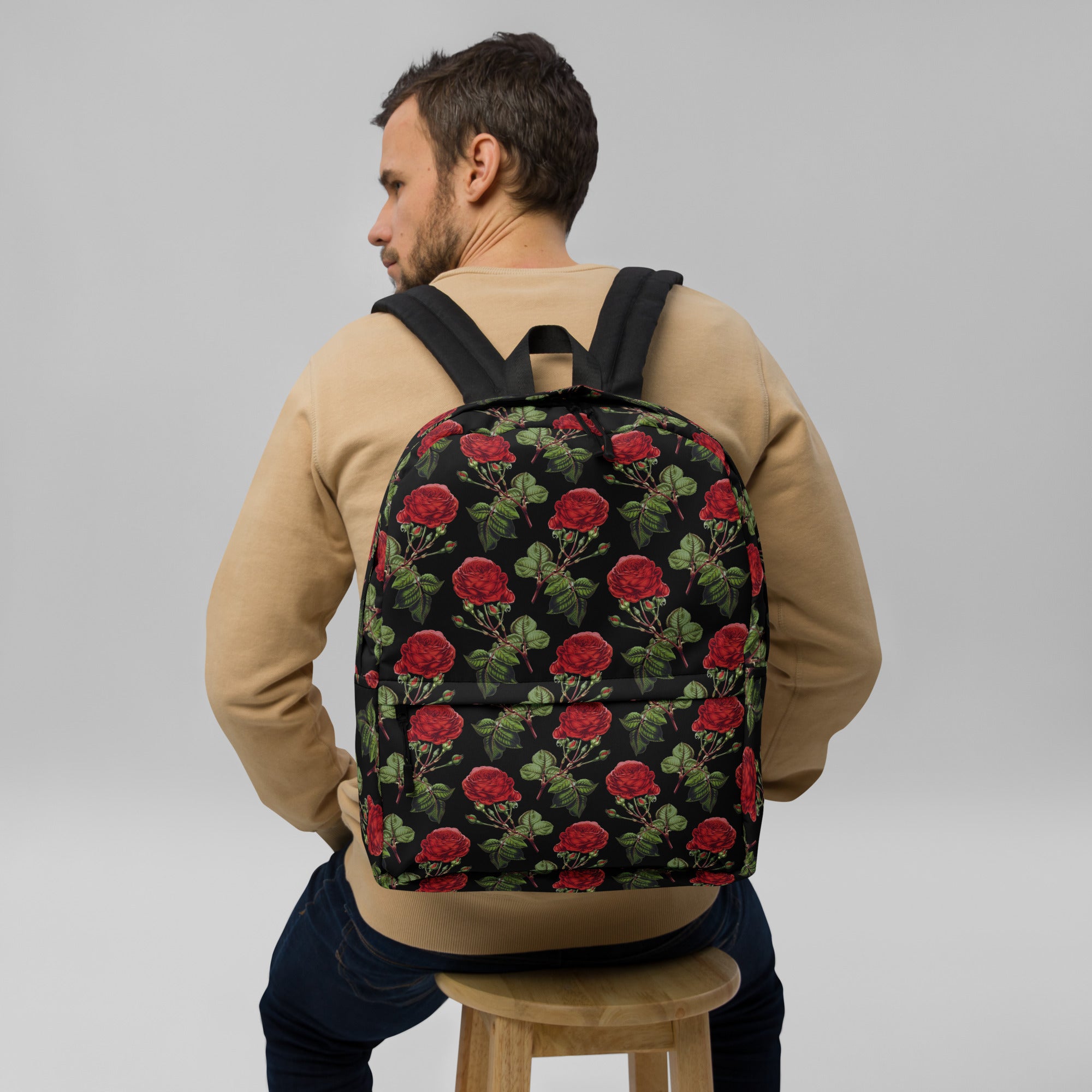 Vintage Red Roses Print Floral Black Casual School Backpack