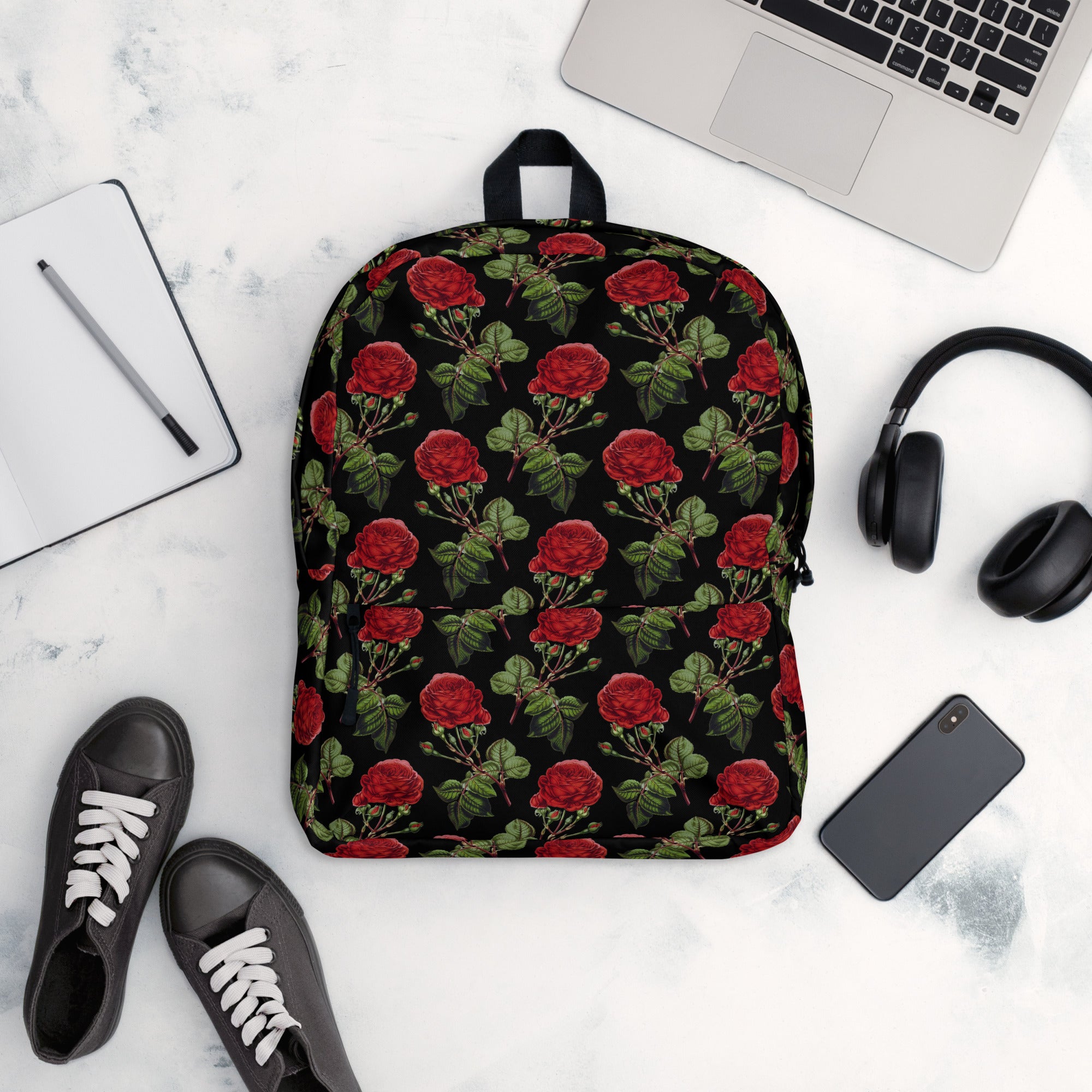 Vintage Red Roses Print Floral Black Casual School Backpack