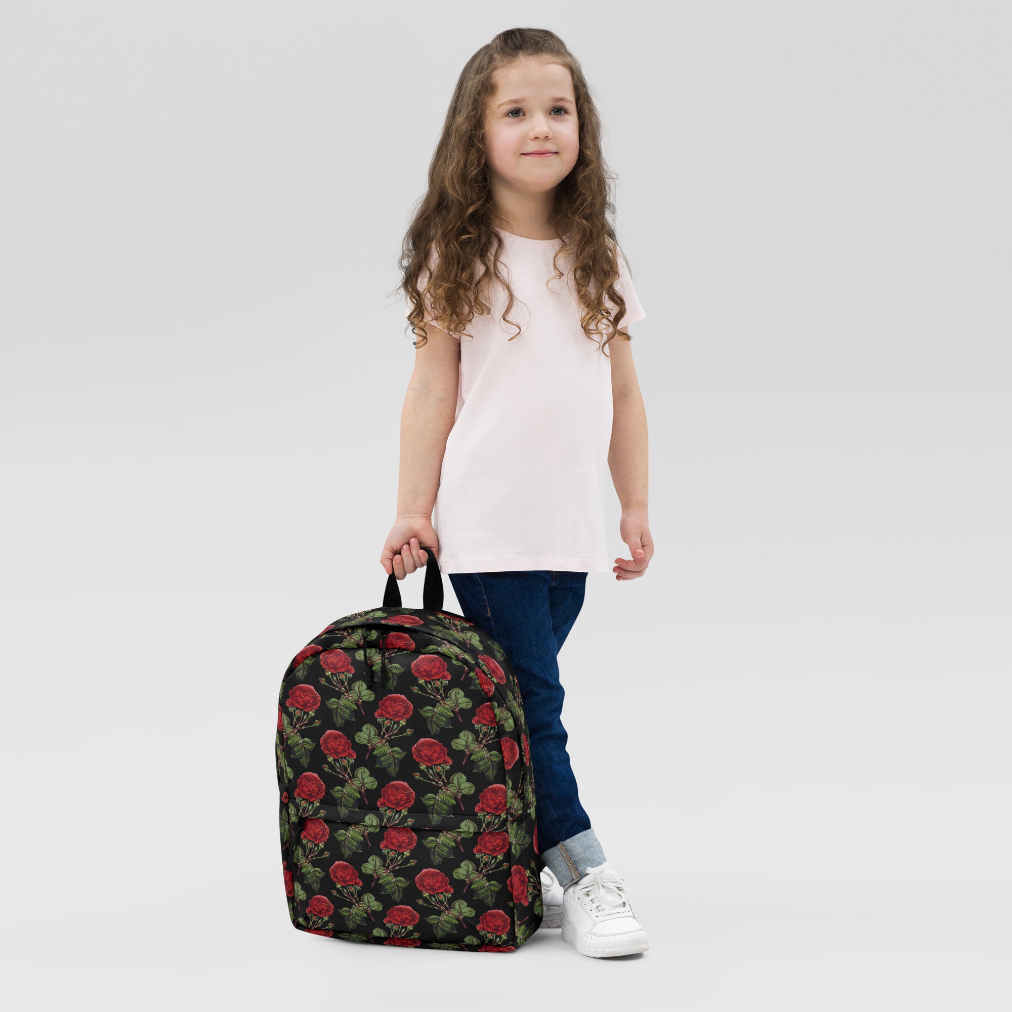 Vintage Red Roses Print Floral Black Casual School Backpack