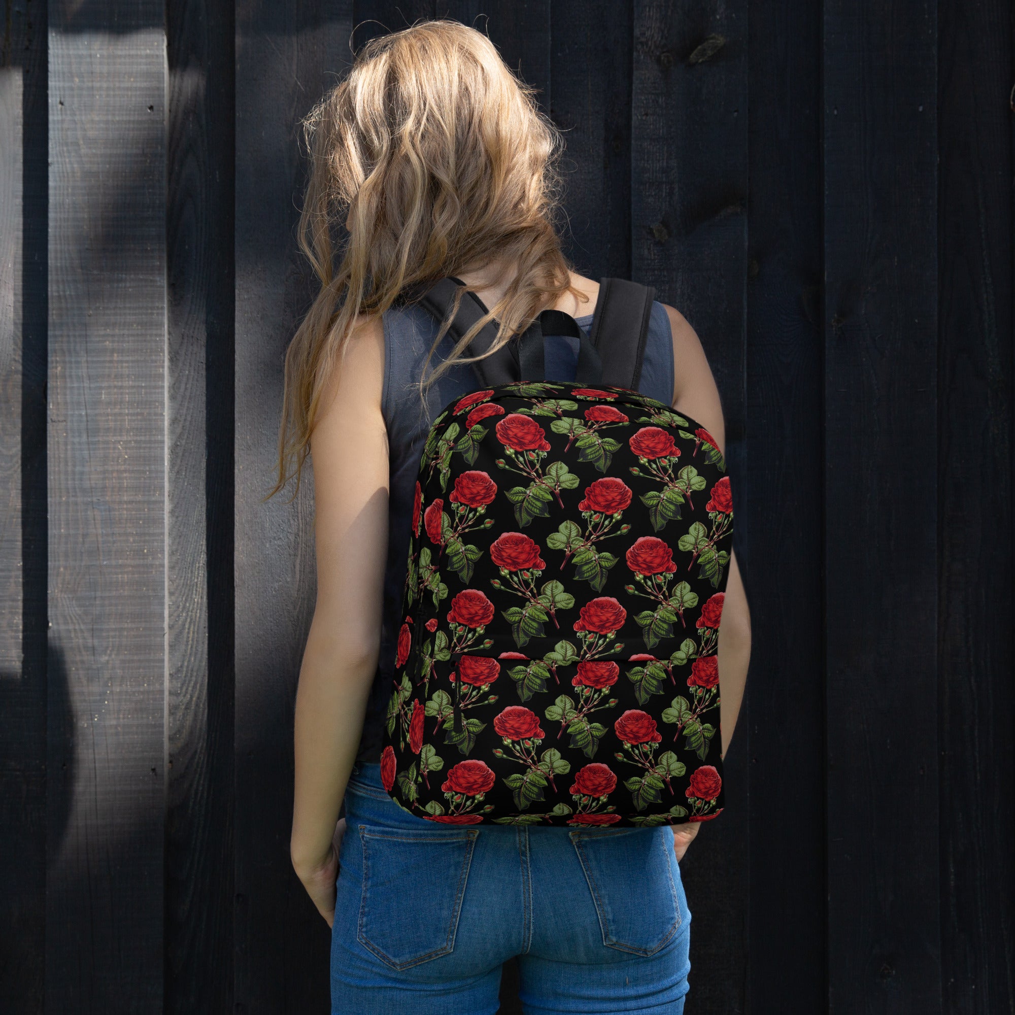 Vintage Red Roses Print Floral Black Casual School Backpack