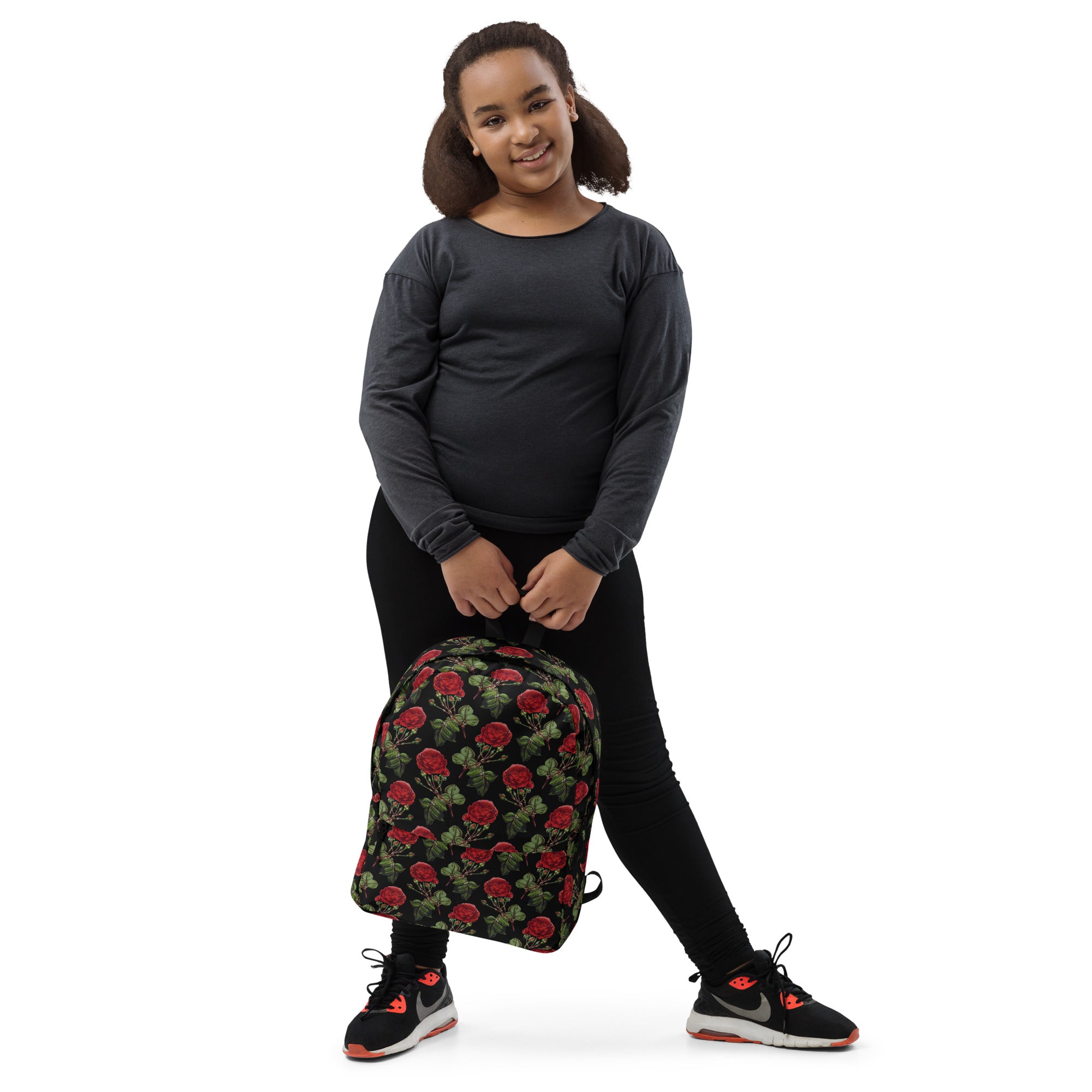 Vintage Red Roses Print Floral Black Casual School Backpack