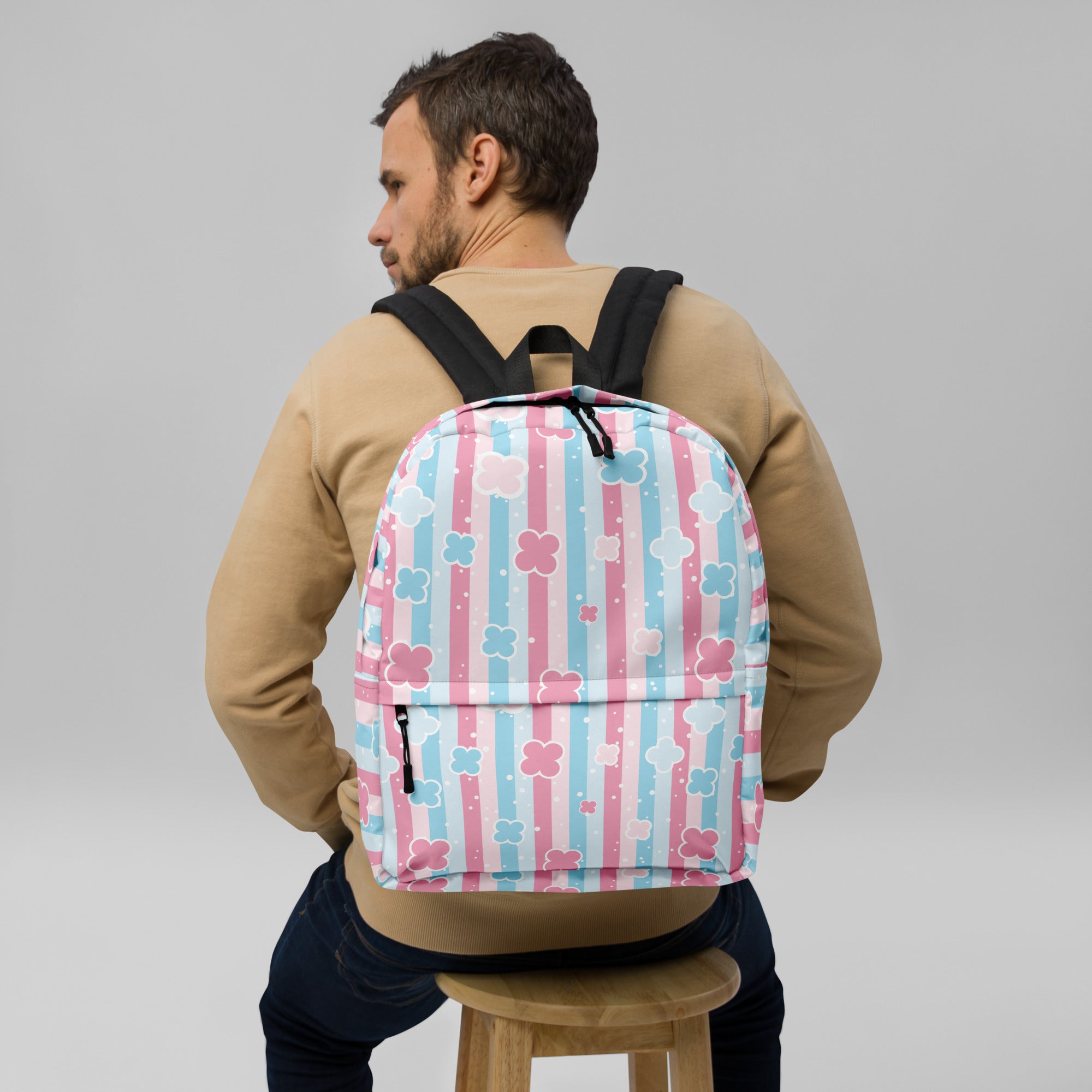Preppy Cute Pastel Pink & Blue Flower Style Stripes Backpack for Girls
